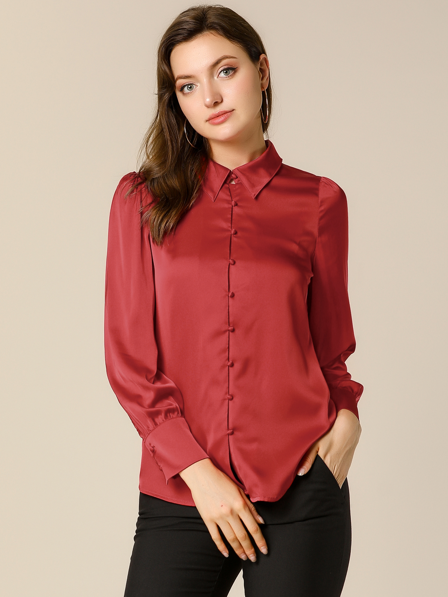 Satin Puff Sleeve Point Collar Vintage Button Up Blouse Red/XL