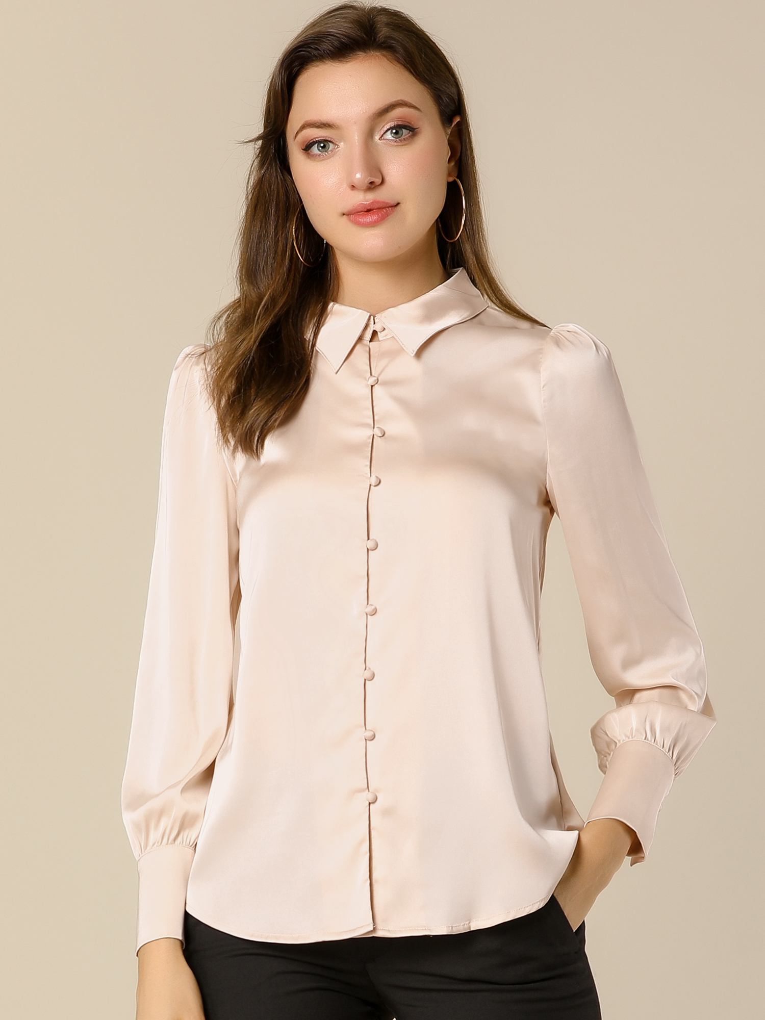 Satin Puff Sleeve Point Collar Vintage Button Up Blouse Apricot/XL