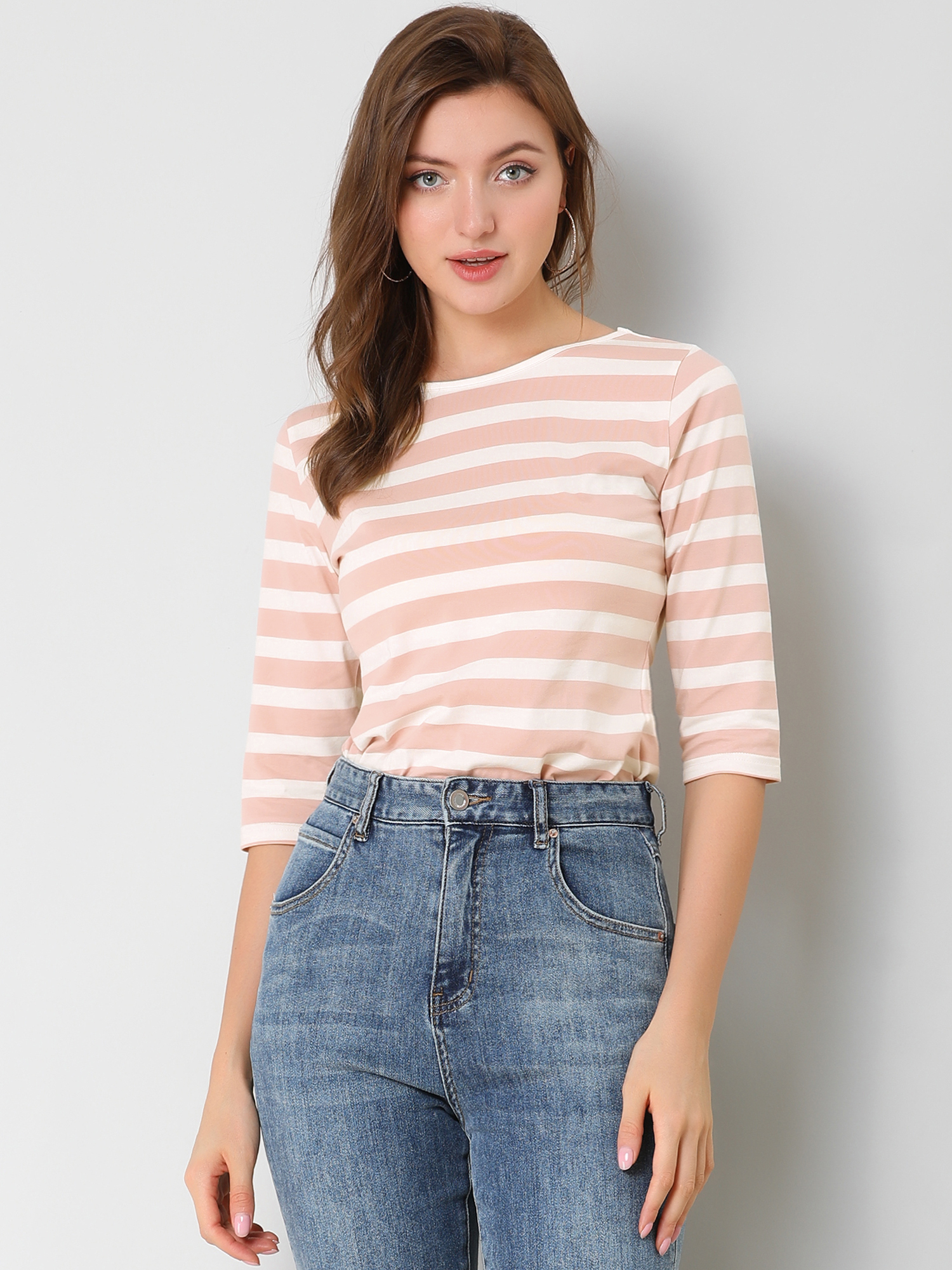 Striped 3/4 Sleeve Round Neck Casual T-Shirt Pink White/M