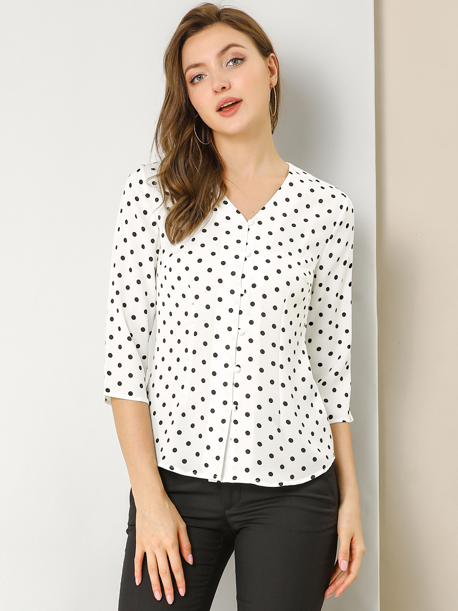 Polka Dots 3/4 Sleeve Button Front Vintage Office Blouse Top White/XS