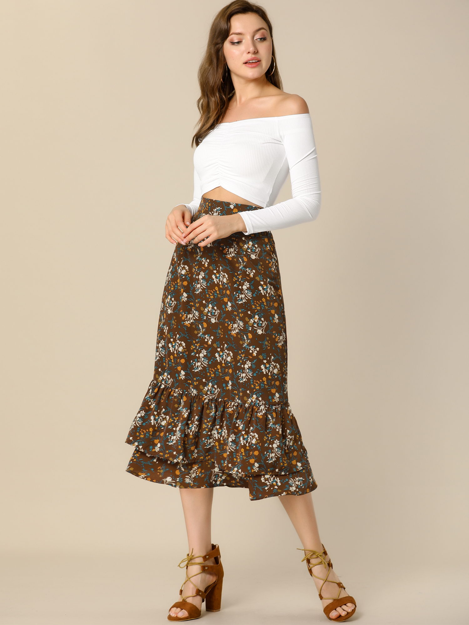 Printed Chiffon Elastic Waist Ruffle Tiered Flowy Midi Skirt Brown-Floral/XS