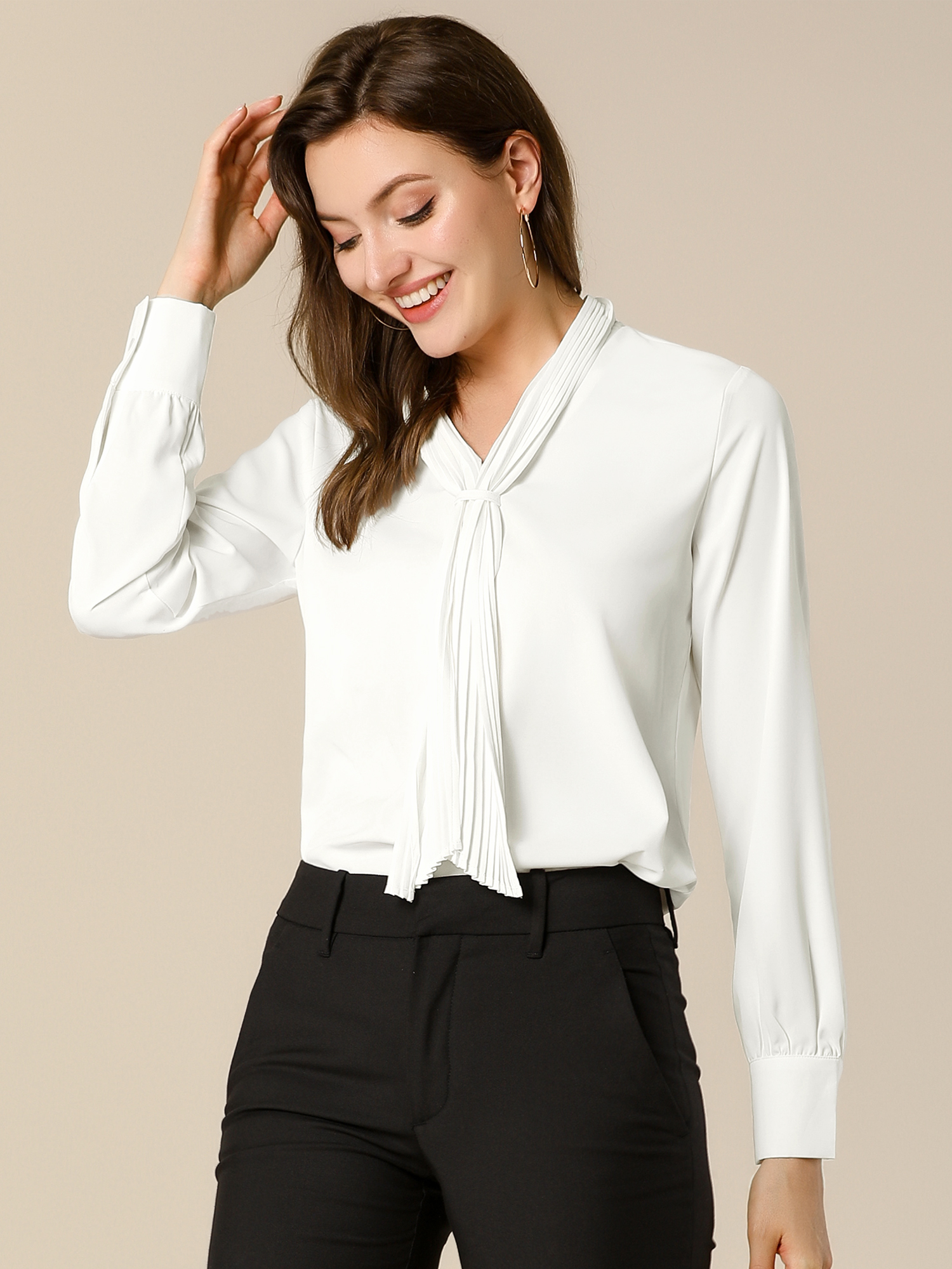 Long Sleeve Chiffon Pleated Tie Neck Office Blouse White/XS