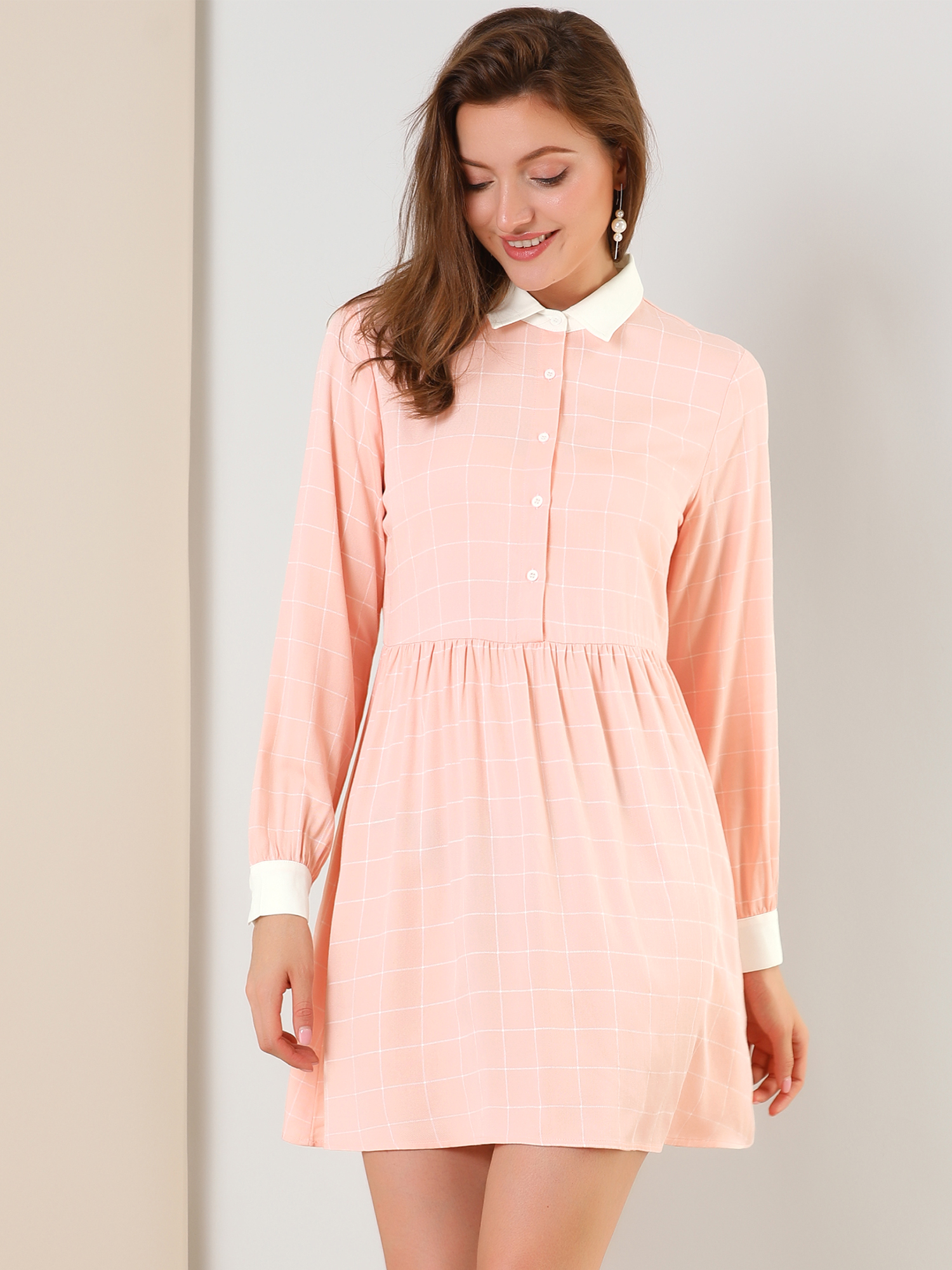 Casual Grid Plaid Long Sleeve Contrast Color Collared Shirt Dress Pink/S