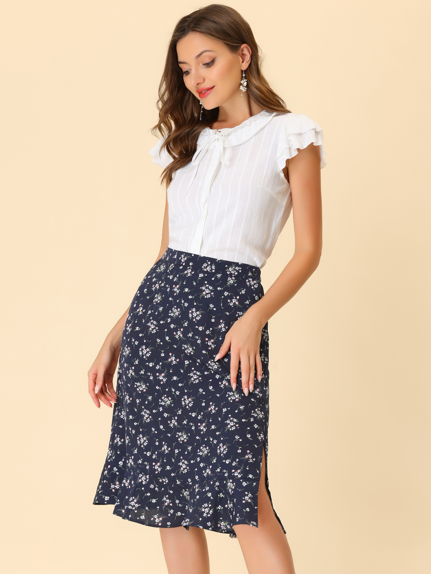Allegra – Floral Ruffle Elastic High Waist Button Flowy Split Midi Skirt Dark Blue/XS