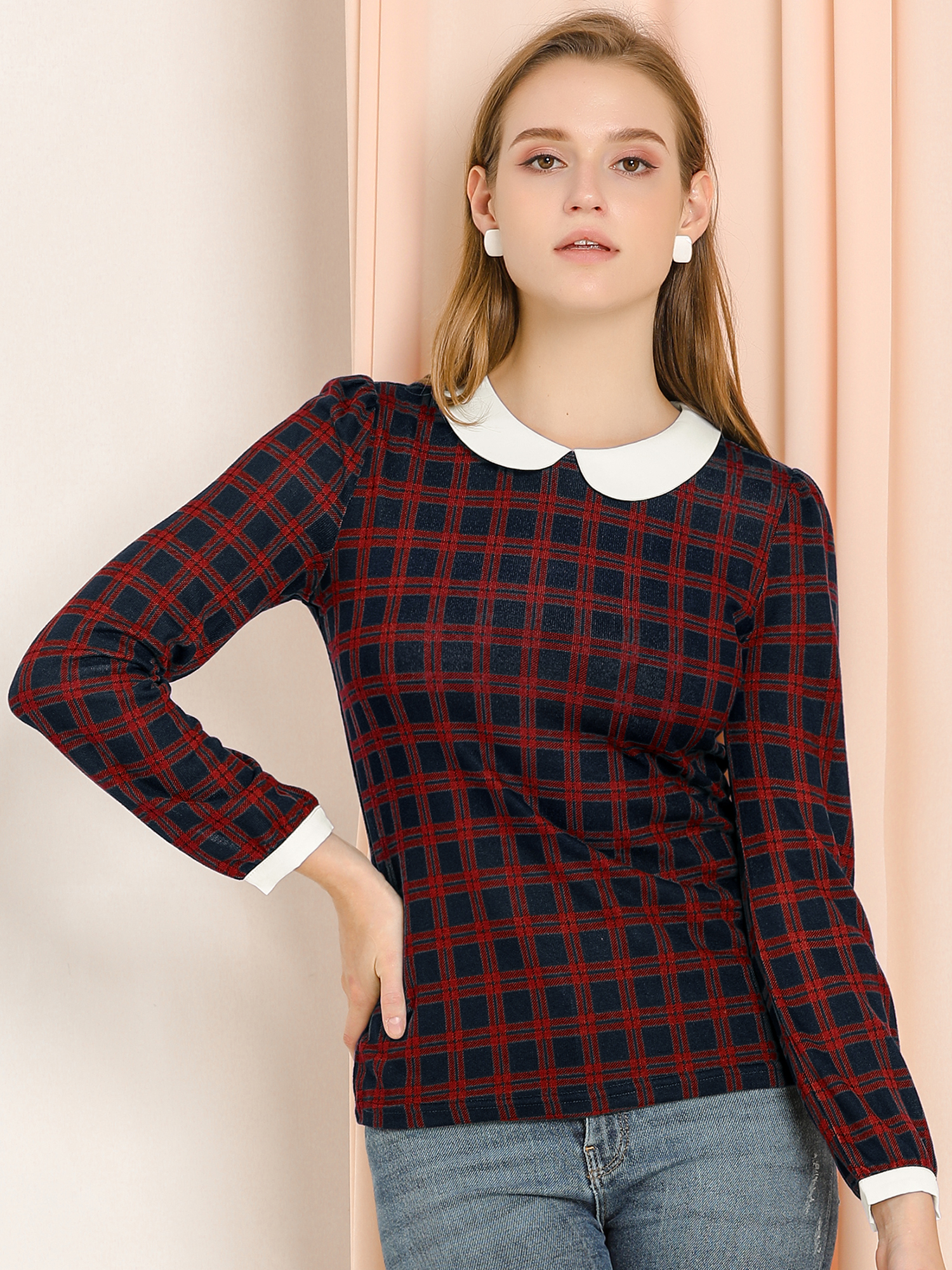 Peter Pan Collar Contrast Puff Sleeve Party Plaid Shirt Blouse Red/XS