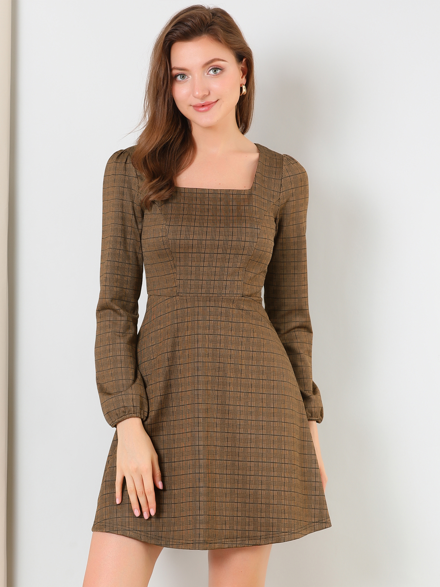 Fall Vintage Square Neck Long Sleeve Plaid Dress Brown-Gold/XL