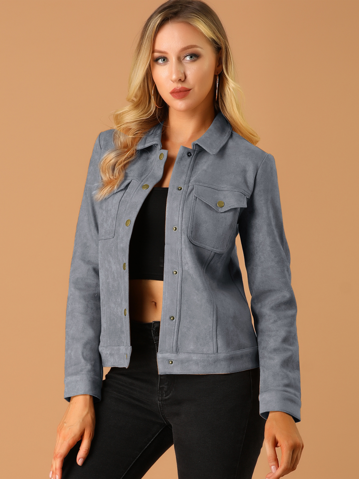 Faux Suede Turn-Down Collar Flap Pocket Snap Button Jacket Gray/XS