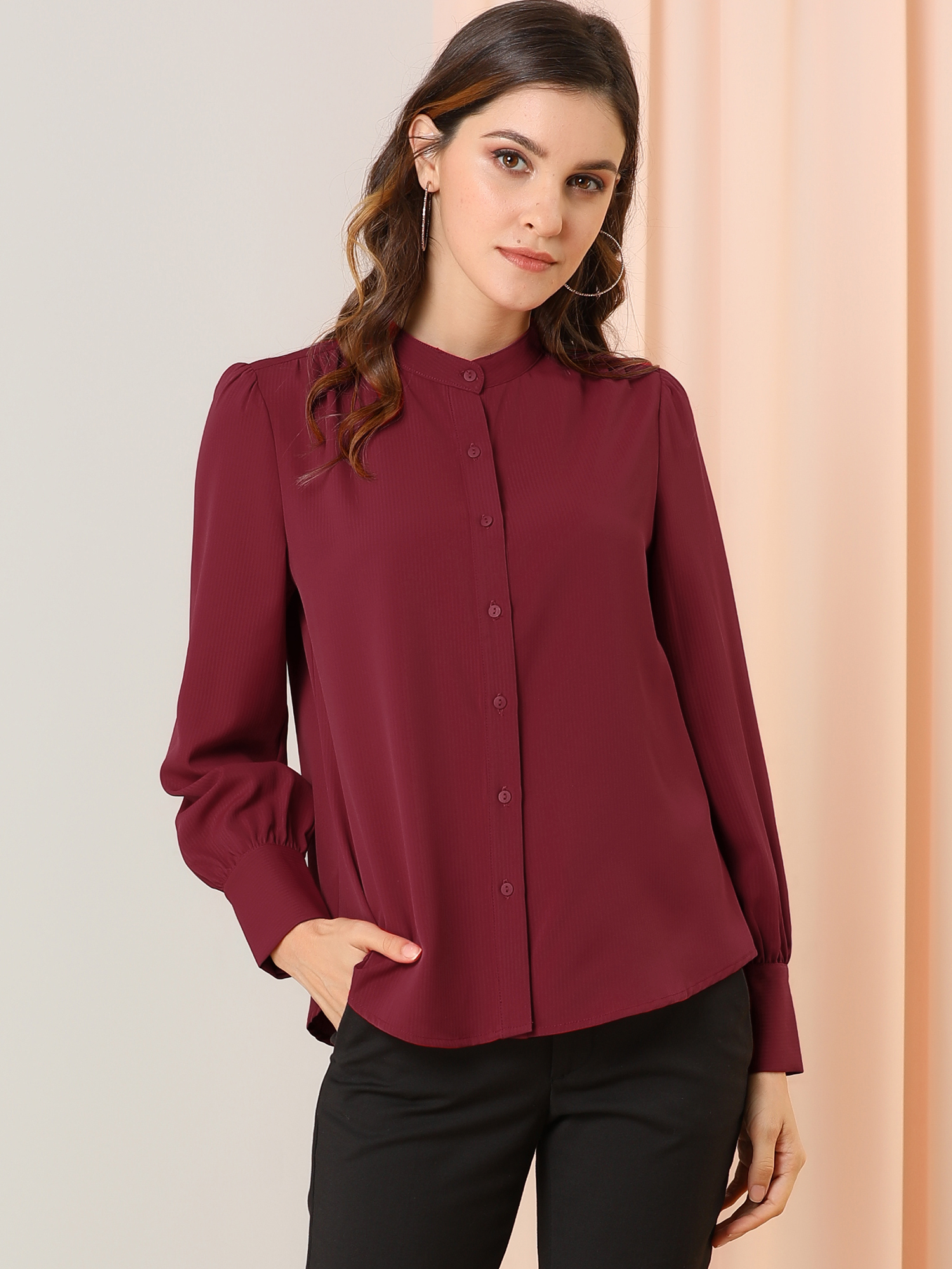 Mandarin Collar Long Sleeve Button Down Office Shirt Wine Red/XL