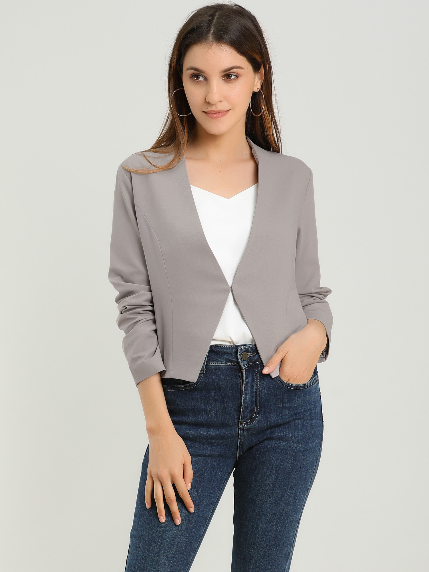 Solid Color Collarless Cropped Office Blazer Jacket Gray/L