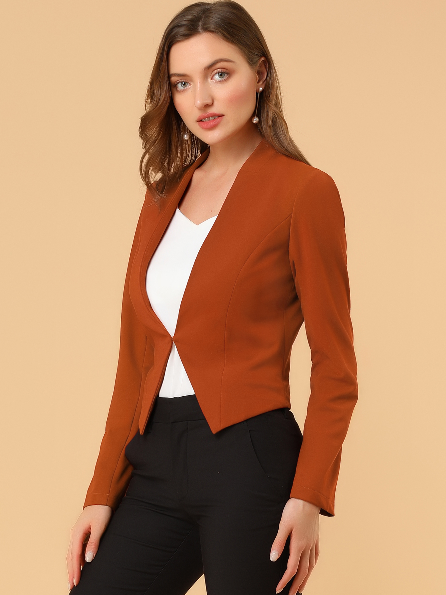 Solid Color Collarless Cropped Office Blazer Jacket Brown/M