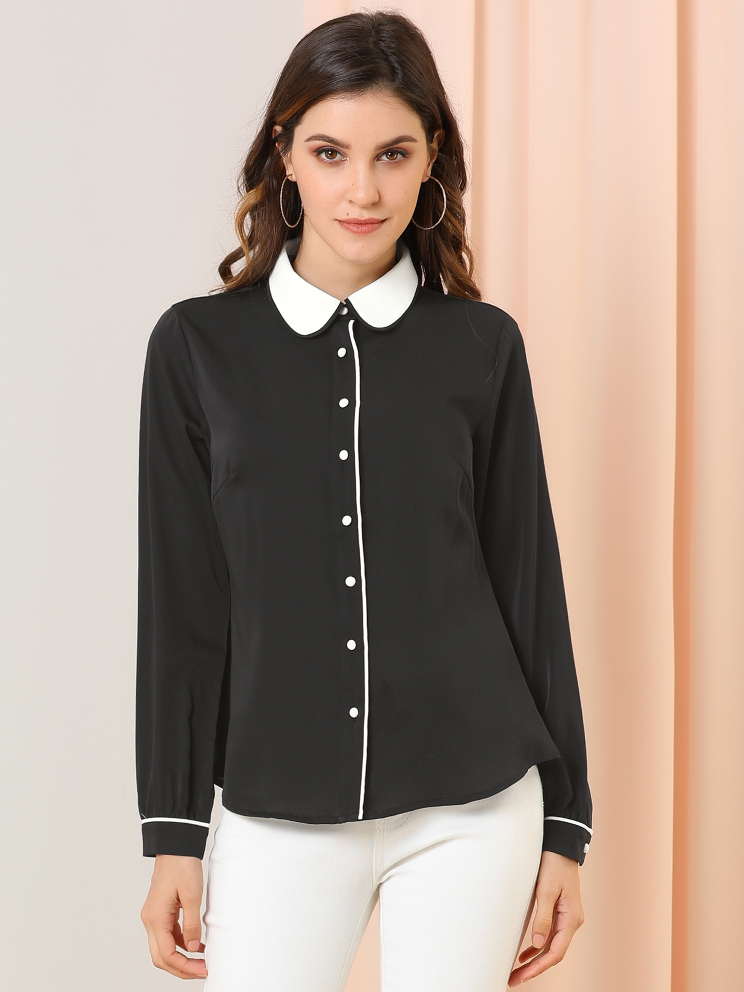 Button Down Long Sleeve Contrast Peter Pan Collar Office Blouse Black/S