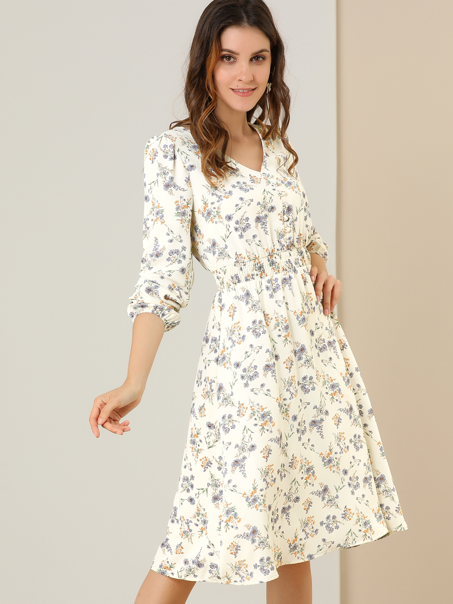 Floral Print V-Neck Long Sleeve Smocked Waist Midi Dress White/XS