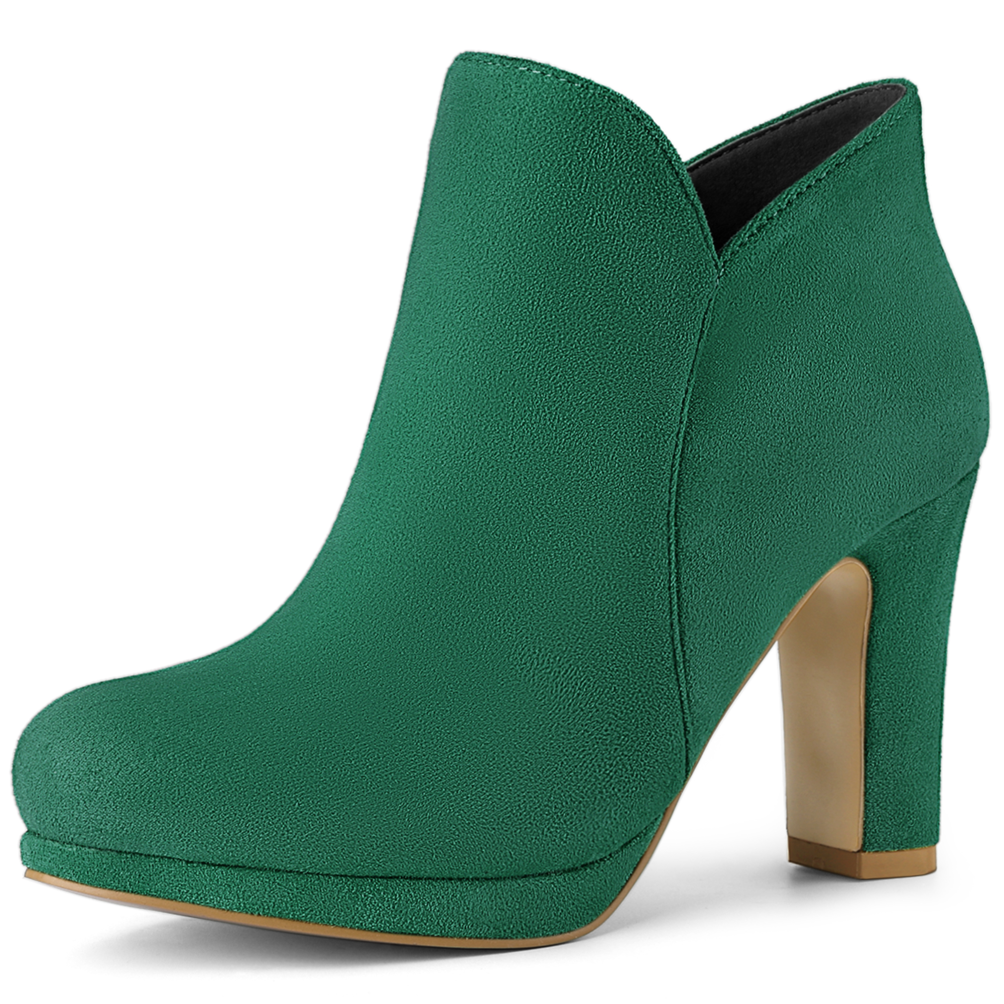 Round Toe Chunky Heel Ankle Heel Boots Emerald Green/10