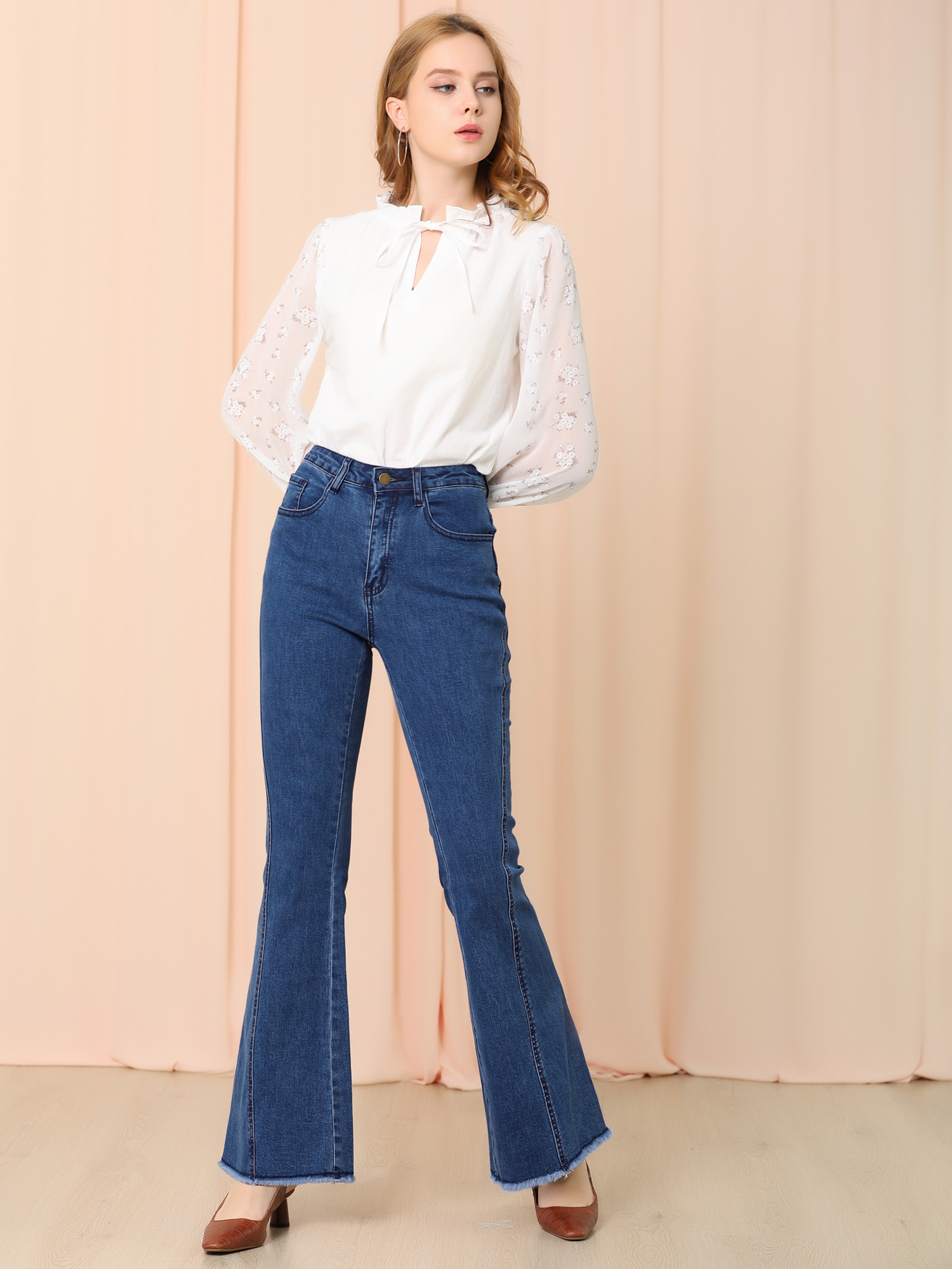 High Waist Stretch Denim Long Bell Pants Flare Jeans Light Blue/S