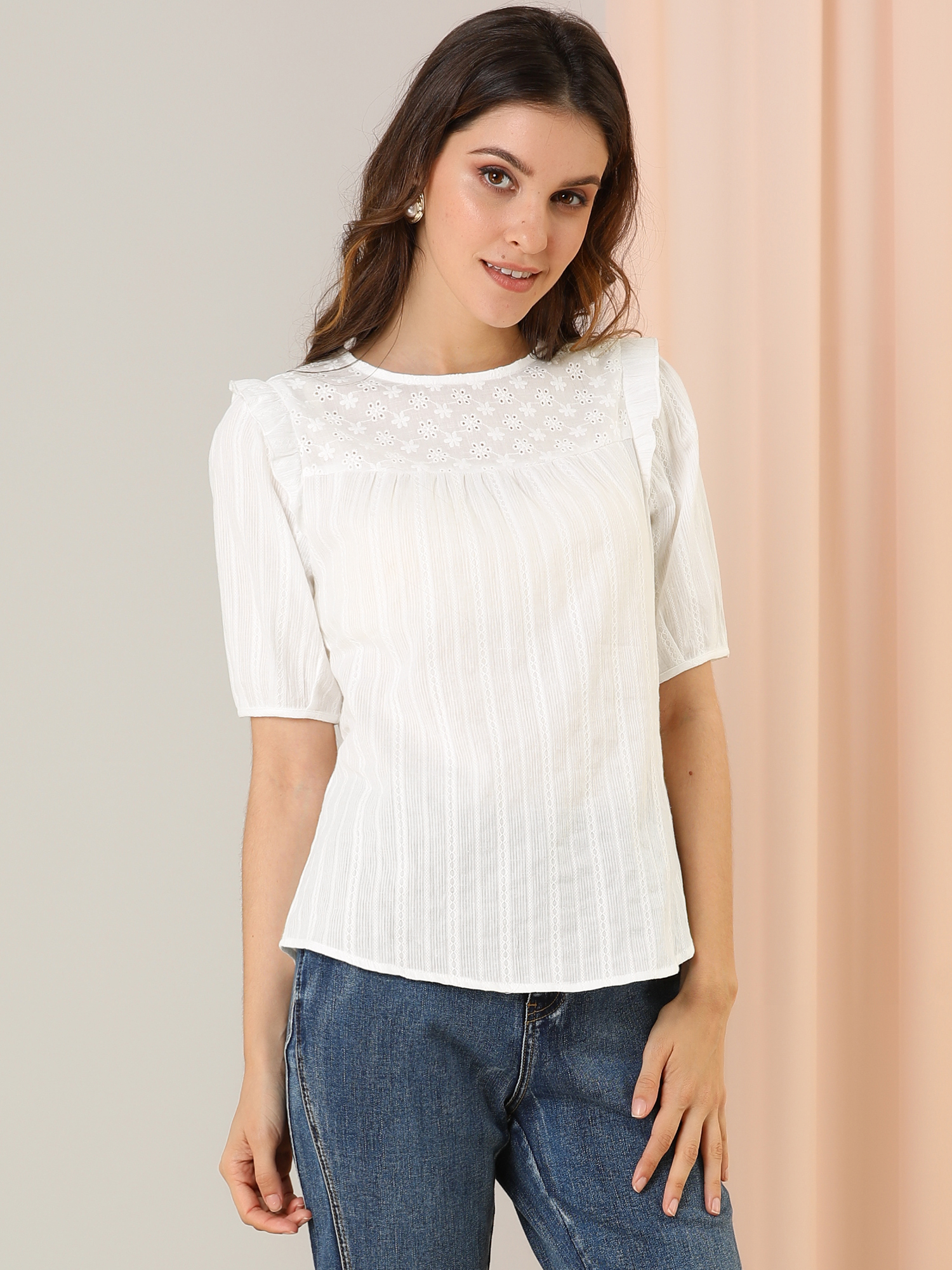 Cotton Summer Ruffle Frilled Round Neck Short Sleeve Blouse White/L