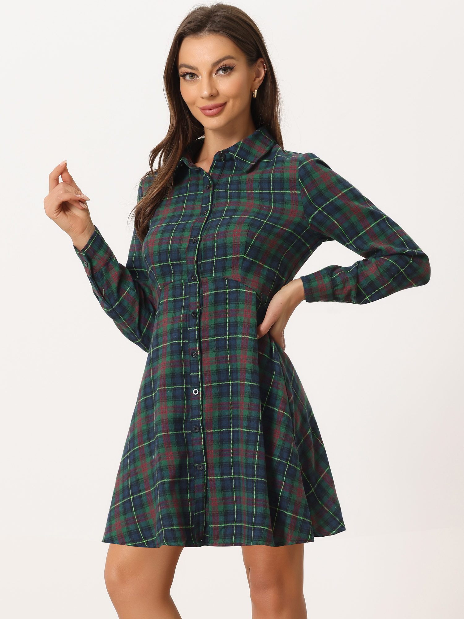 Plaids Button Down Cotton Mini A-Line Shirt Dress Green/XS