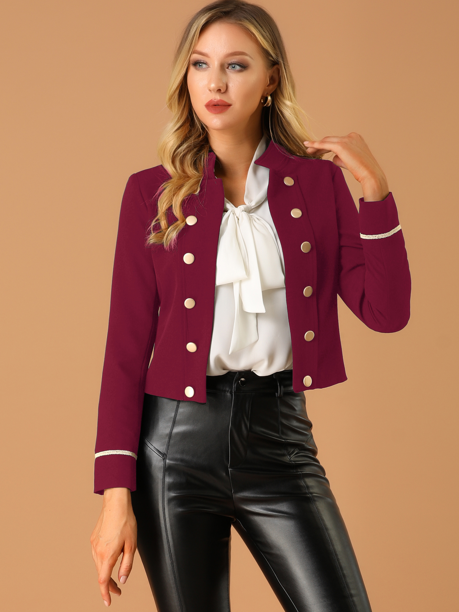 Vintage Steampunk Open Front Button Decor Cropped Jacket Burgundy/M