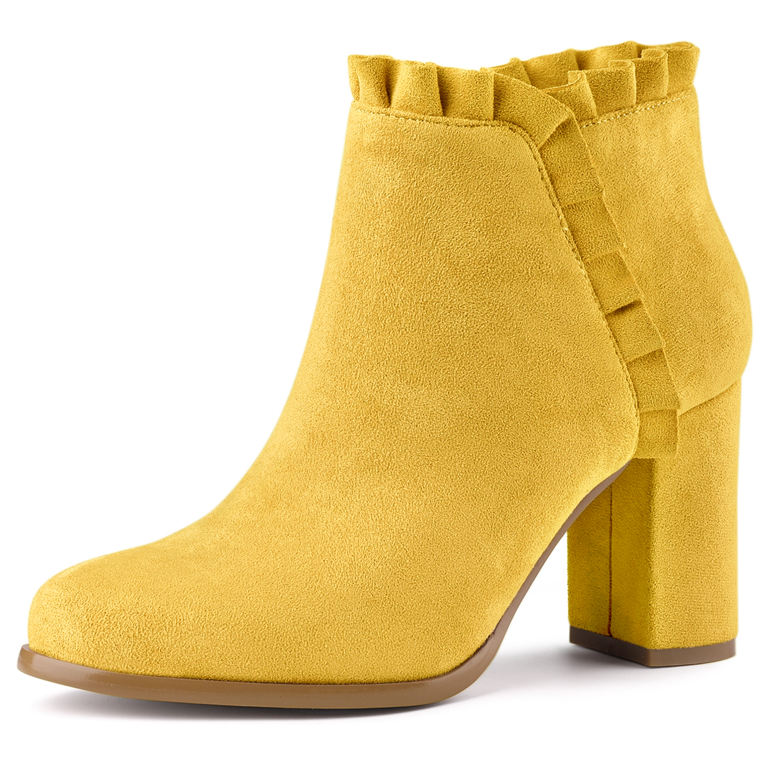 Pointed Toe Ruffle Block Heel Side Zipper Ankle Boots Yellow/7.5