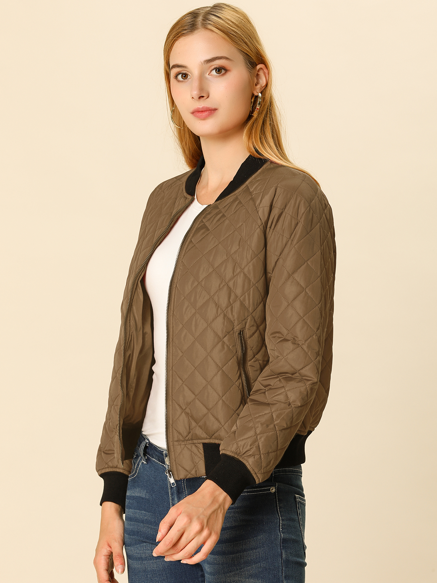 Casual Zip Up Raglan Long Sleeve Quilted Bomber Jacket Brown/XL