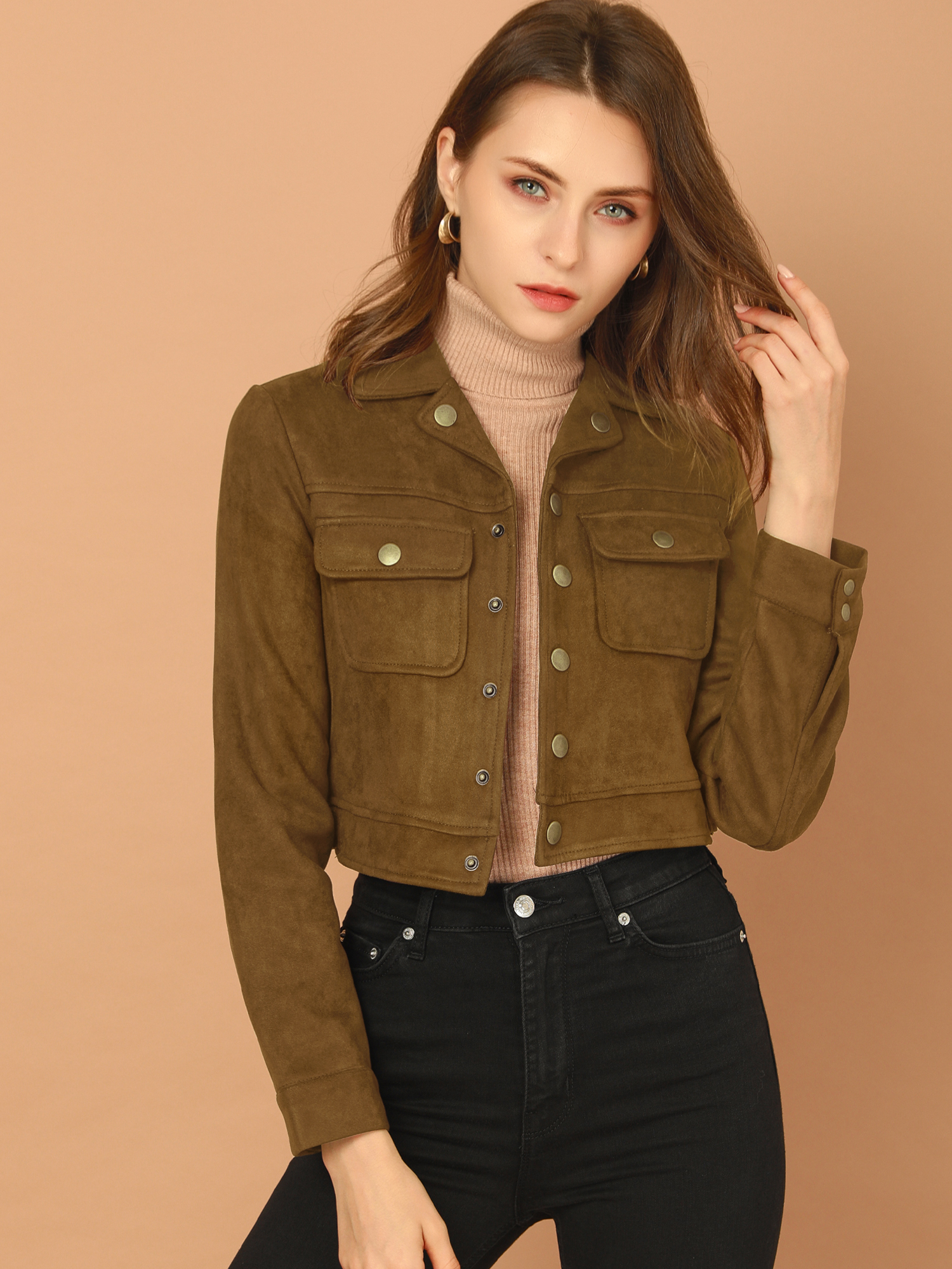 Faux Suede Jacket Button Down Collar Pockets Crop Moto Biker Coat Khaki/M