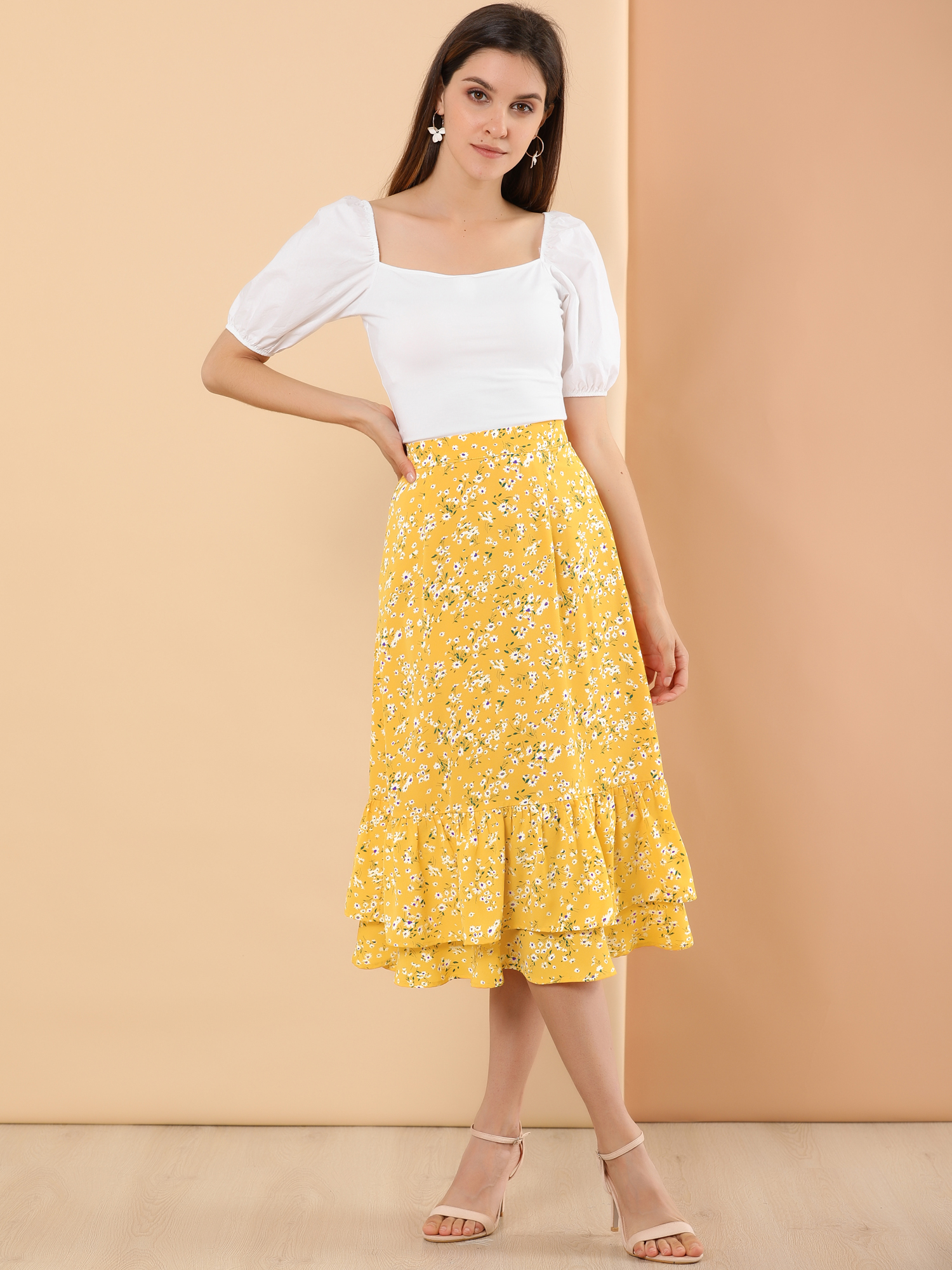 Printed Chiffon Elastic Waist Ruffle Tiered Flowy Midi Skirt Yellow-Floral/M