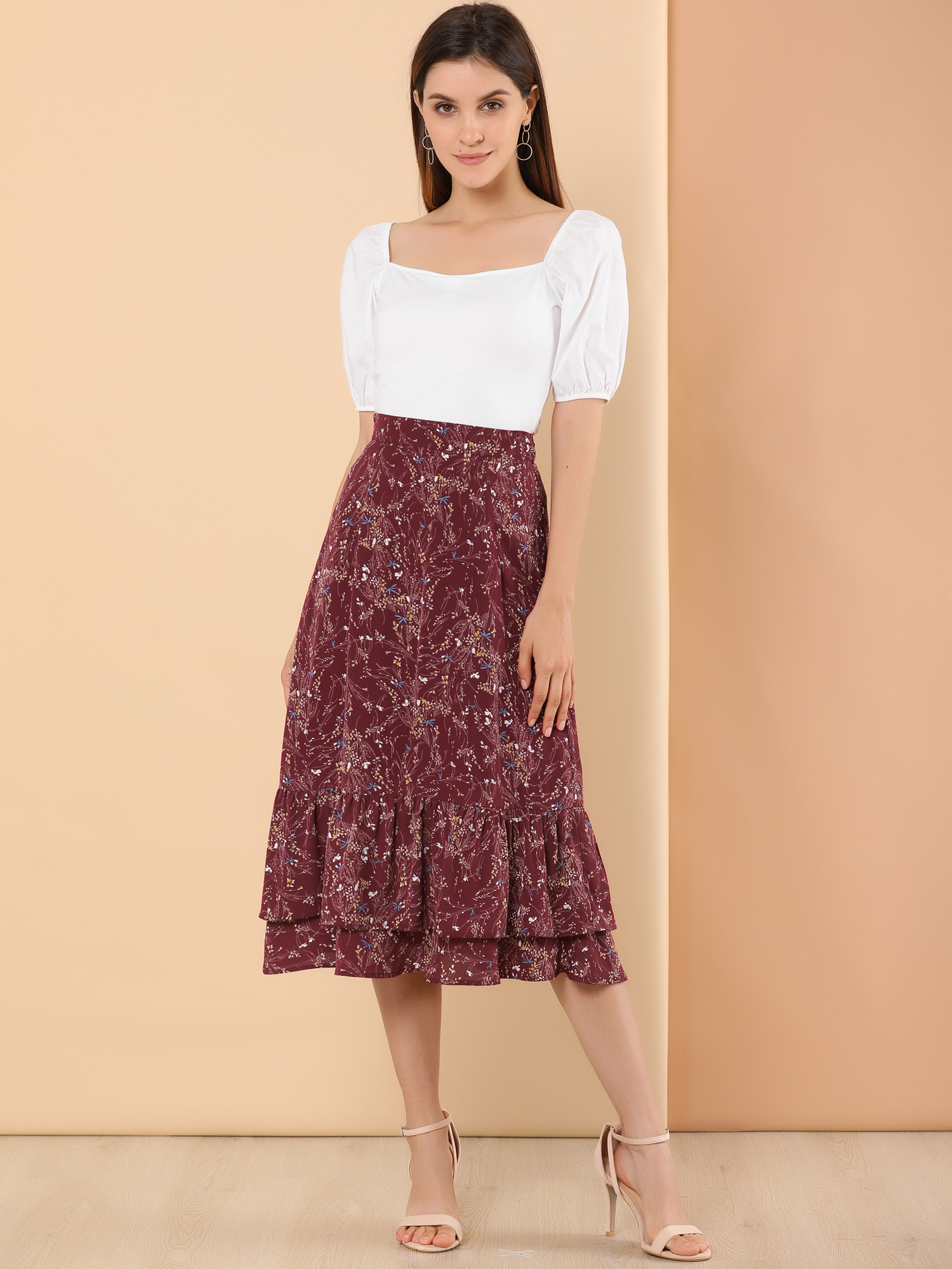 Printed Chiffon Elastic Waist Ruffle Tiered Flowy Midi Skirt Wine Red-Floral/S