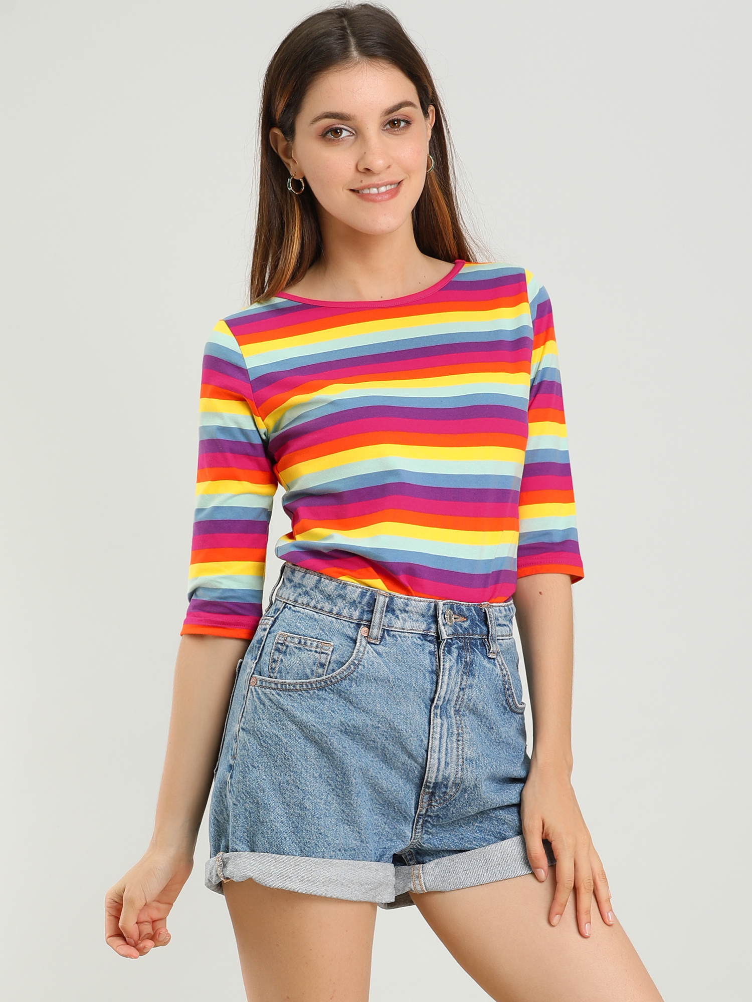 3/4 Sleeve Round Neck Casual Striped T-Shirt Multicolor/XL