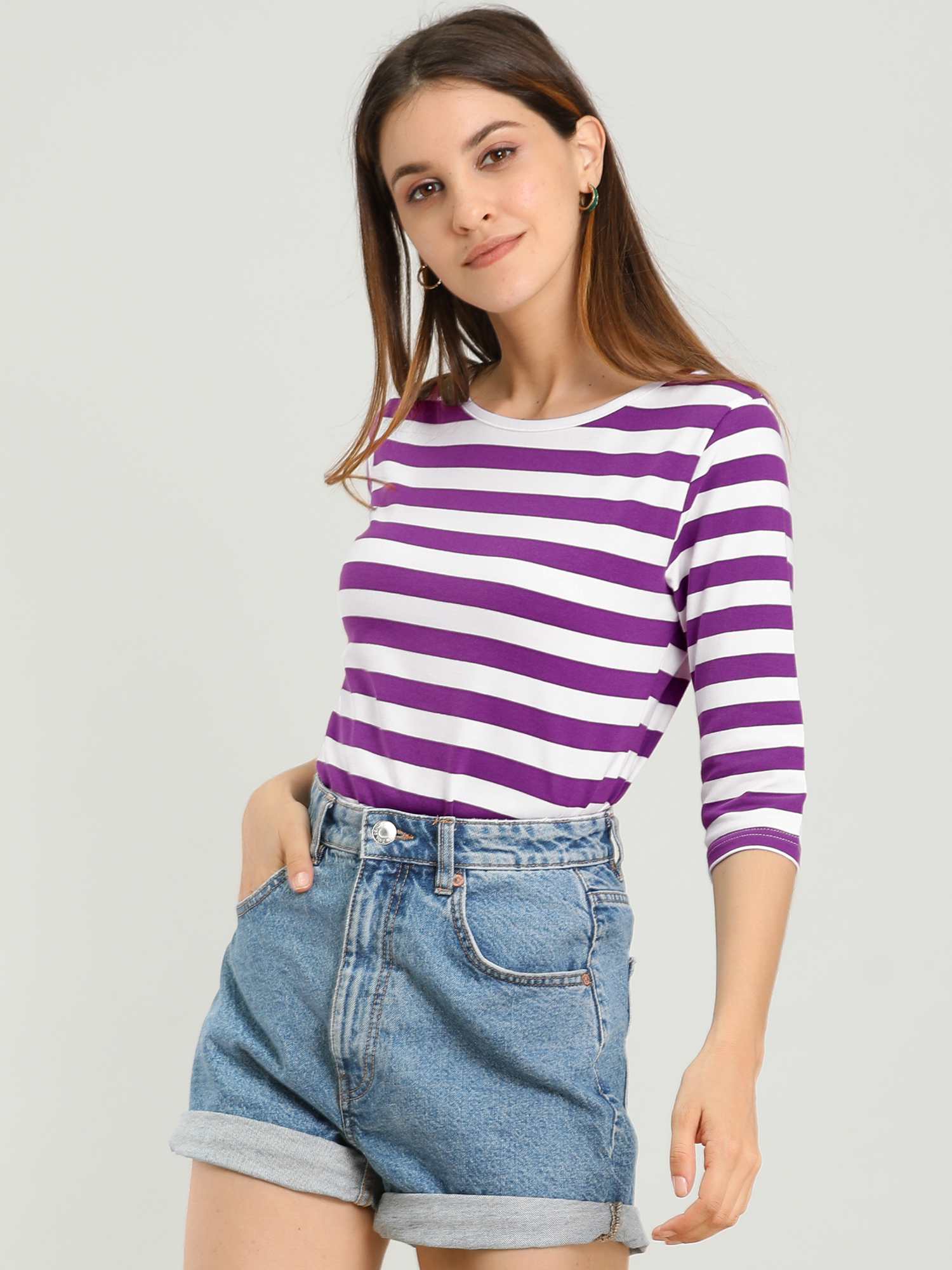 3/4 Sleeve Round Neck Casual Striped T-Shirt Purple/L