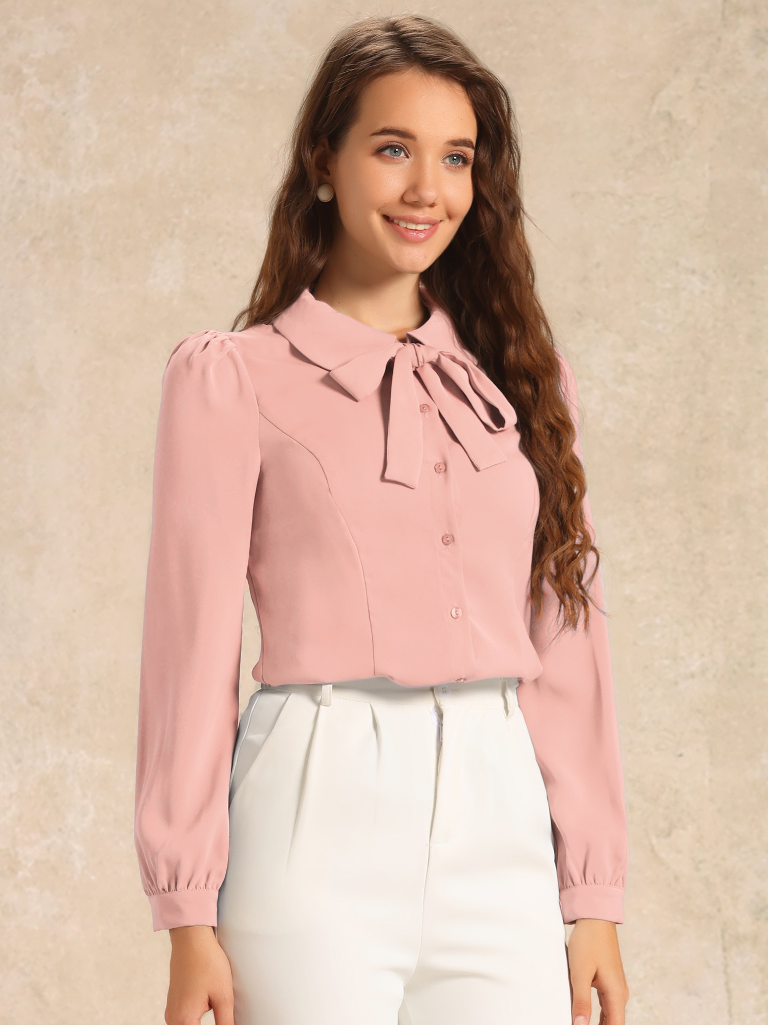 Peter Pan Collar Chiffon Bow Tie Neck Puff Sleeve Button Blouse Coral Pink/XS