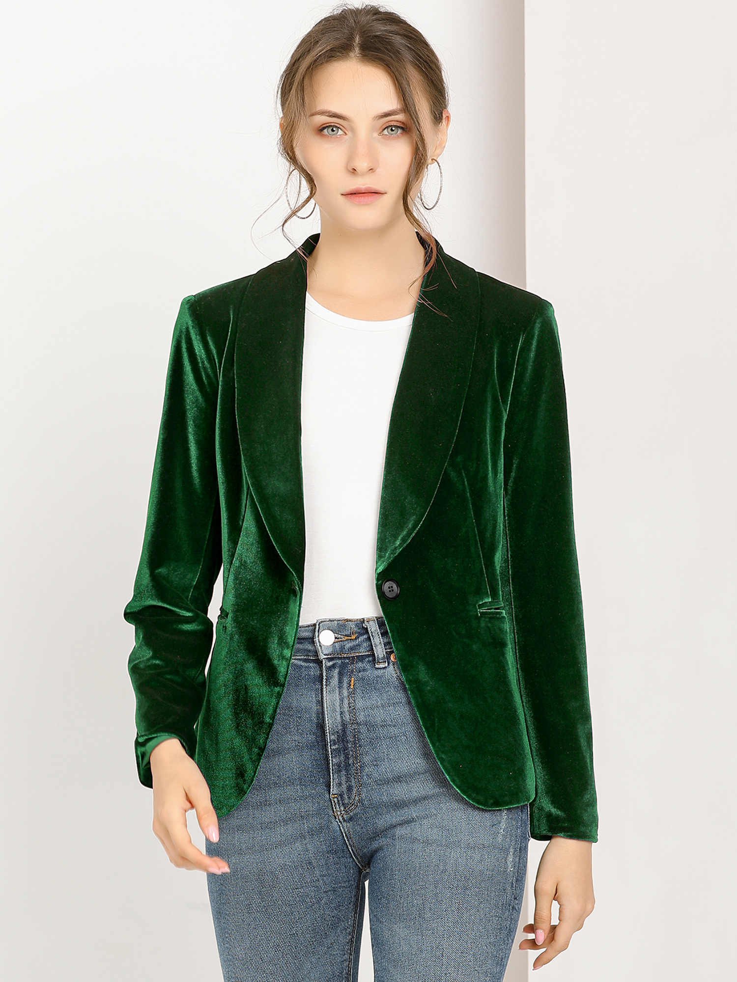Shawl Collar Single Button Velvet Solid Office Work Jacket Blazer Green/L