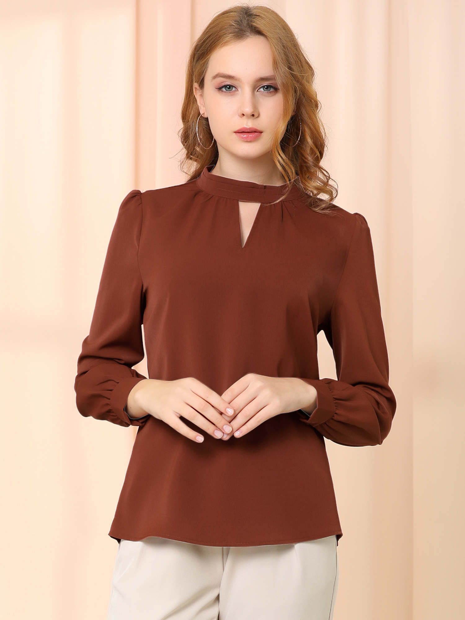 Work Keyhole Shirt Stand Collar Long Sleeve Chiffon Blouse Brown/L