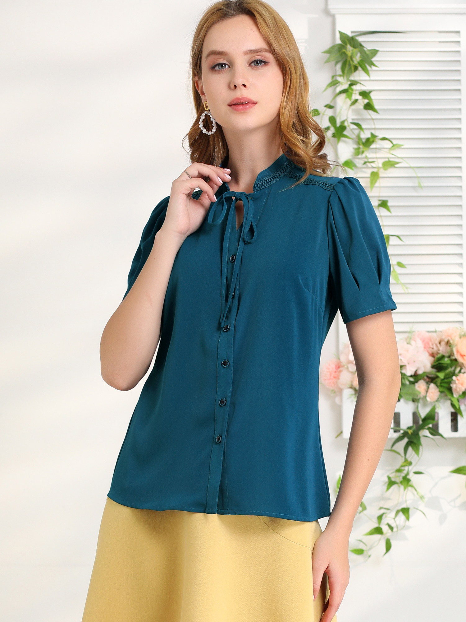 Summer Puff Short Sleeve Tie Neck Work Office Button Down Blouse Blue/M
