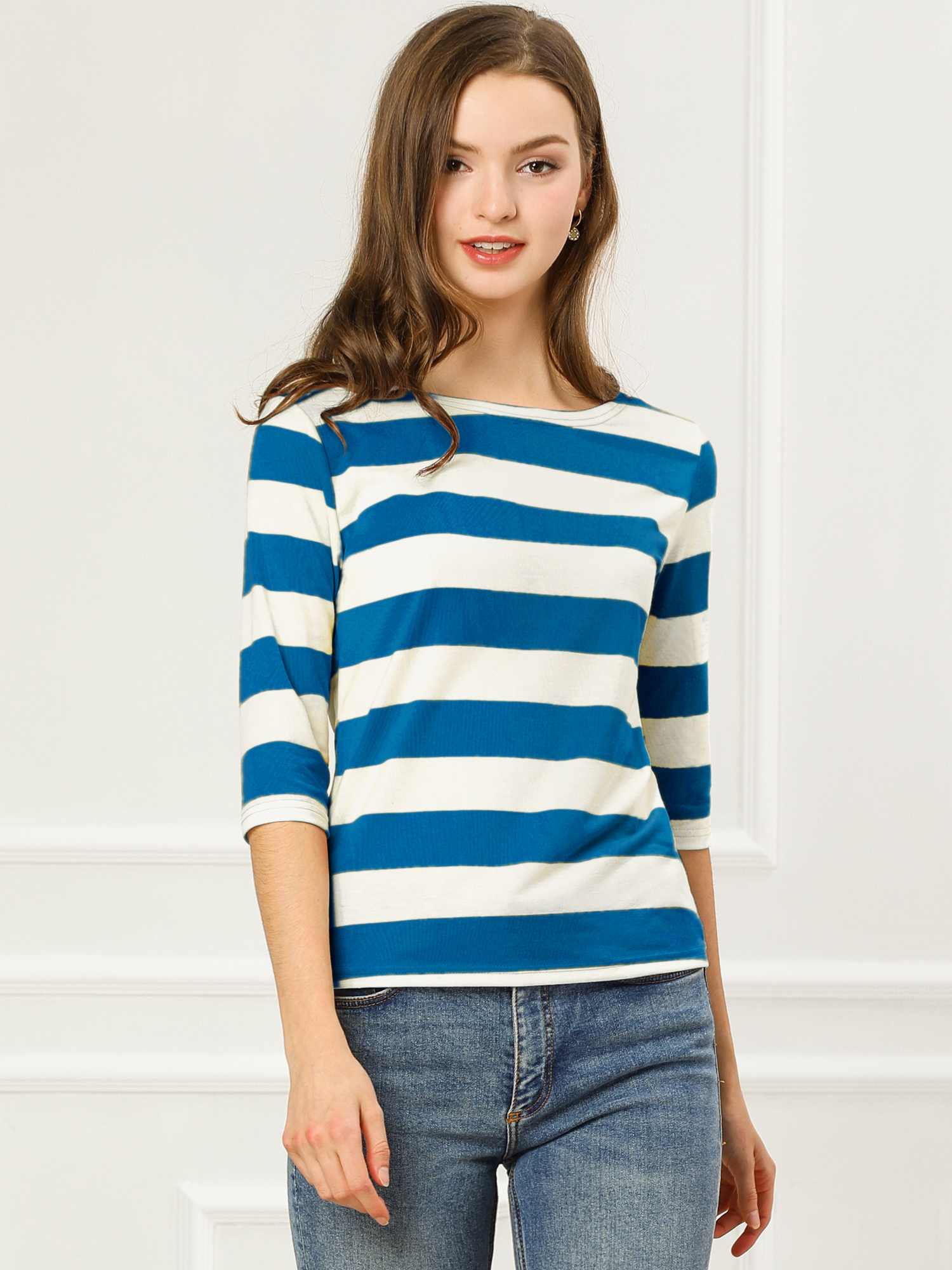 Halloween 3/4 Sleeve T-shirt Casual Boat Neck Slim Fit Tee Blue White/L