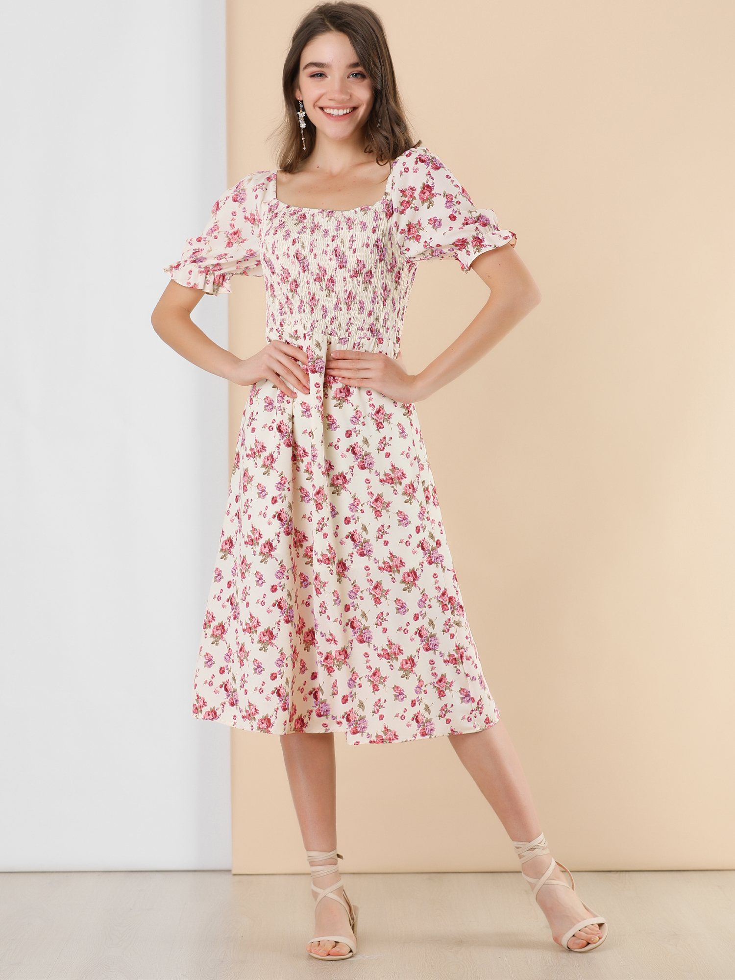 Square Neck Puff Sleeve Shirred Floral Casual Midi Dress Beige/L