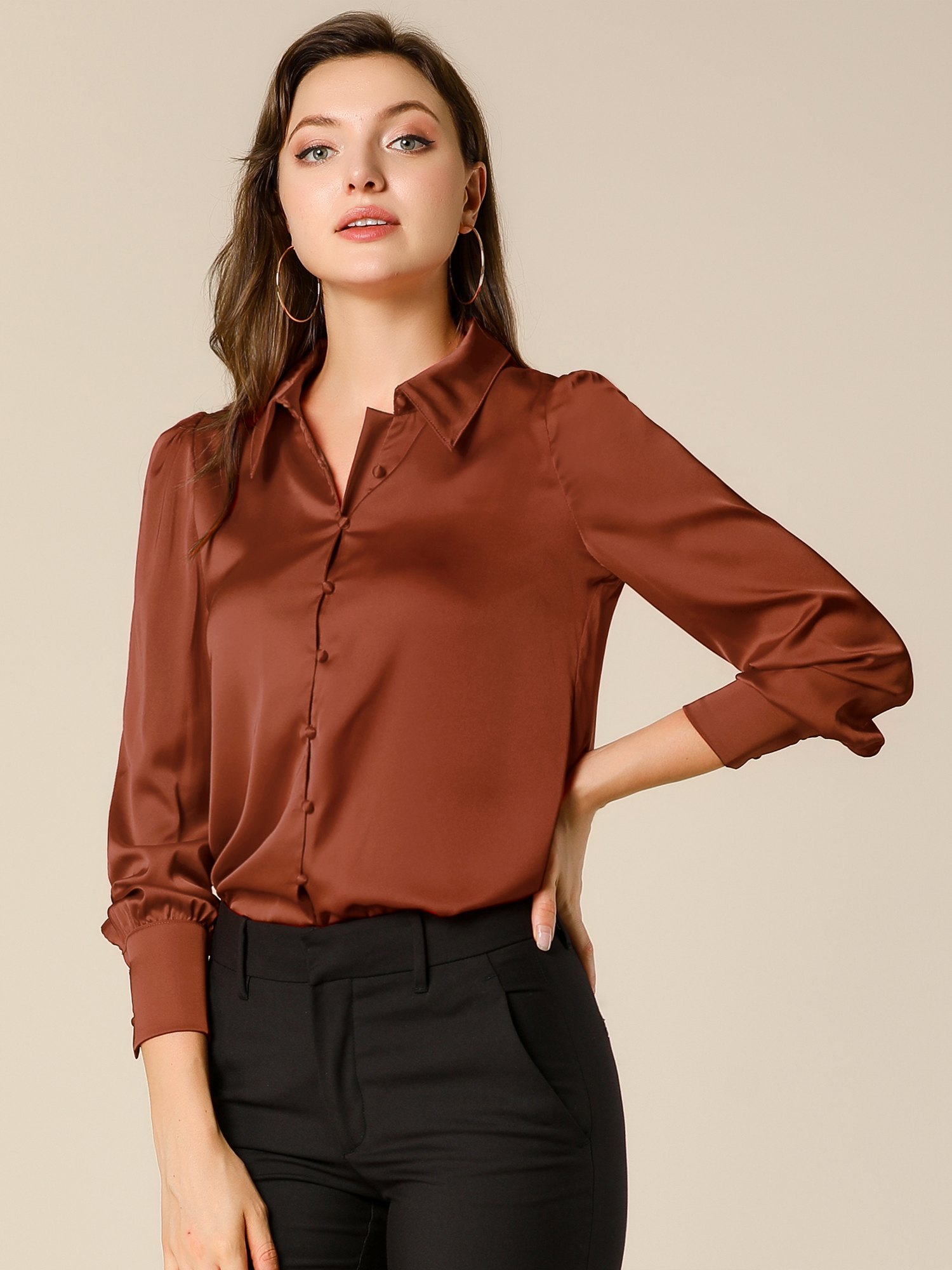 Satin Puff Sleeve Point Collar Vintage Button Up Blouse Burnt Orange/M