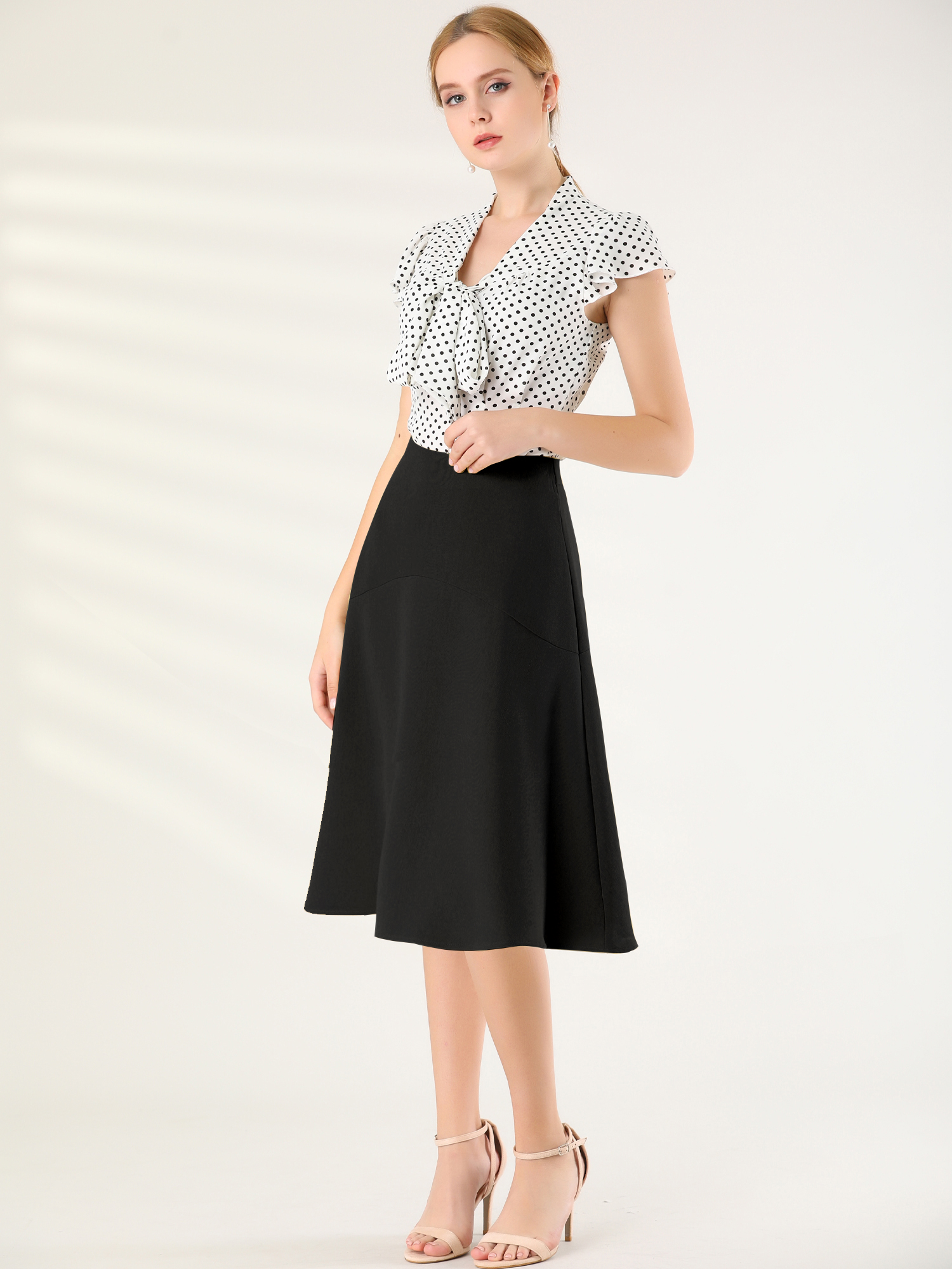 Summer Polka Dots Top Bow Tie V Neck Ruffled Cap Sleeve Office Blouse White/XS
