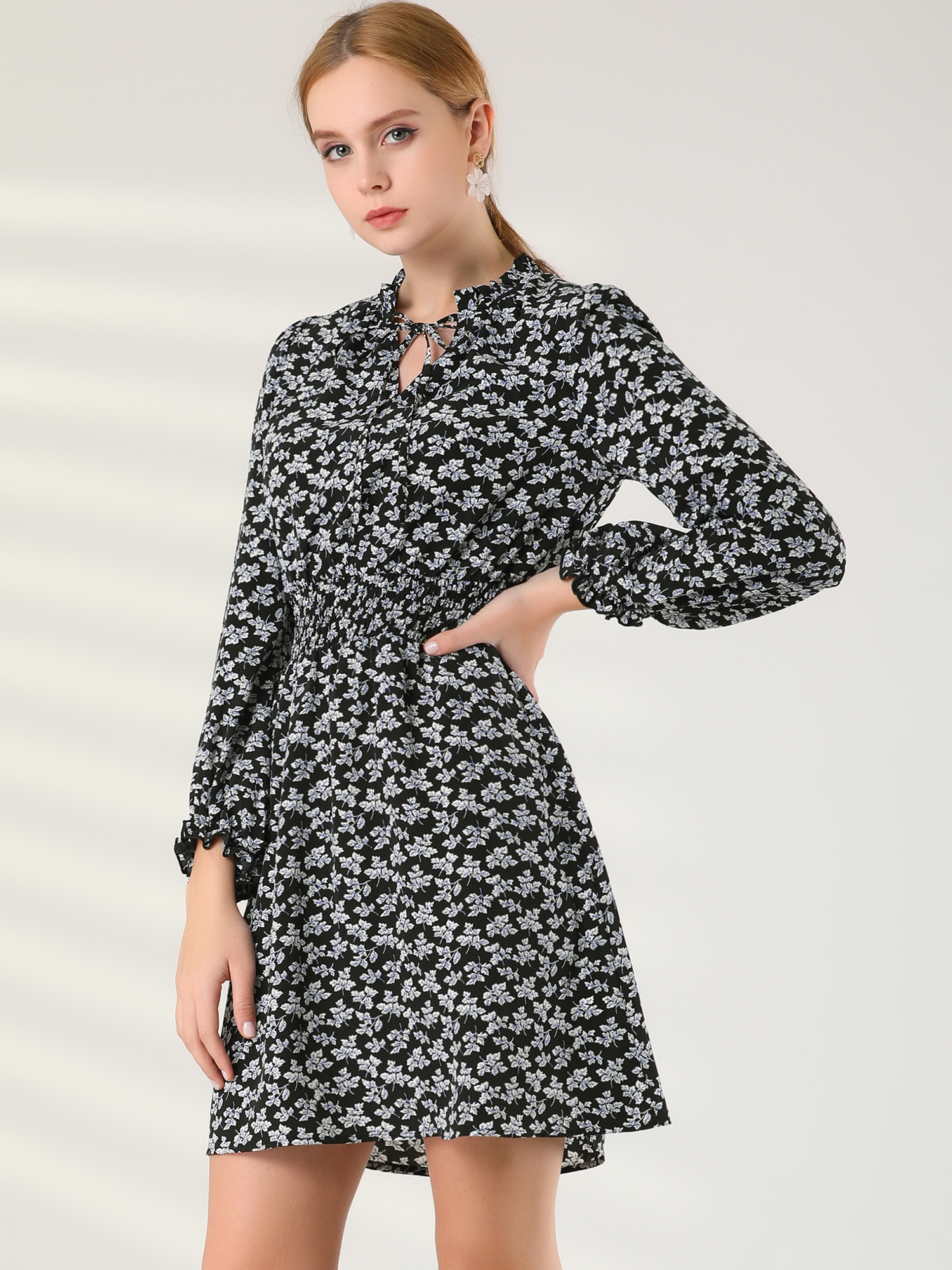 Smocked Waist Tie Neck Floral Long Sleeve Dress Black/S