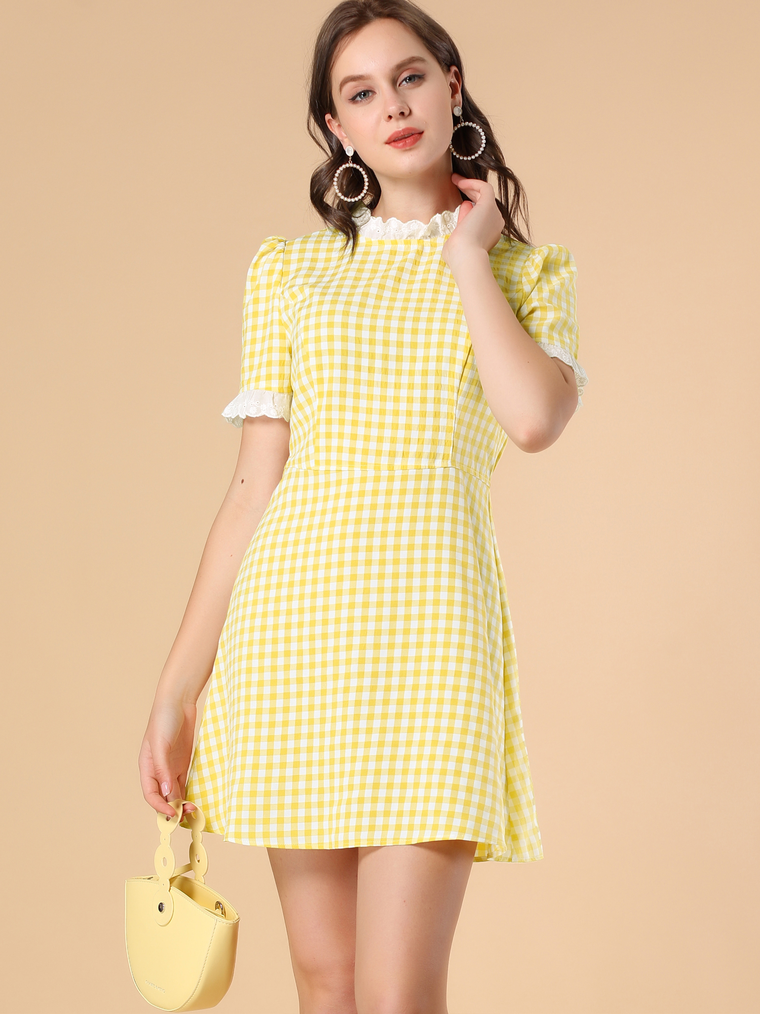 Summer Ruffle Neck Lace Panel Short Sleeve Check Gingham Dress Yellow/L