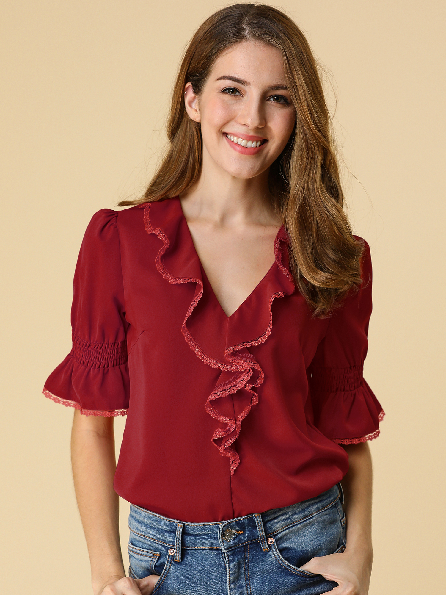 Ruffle Puff Sleeve Lace Trim Chiffon Peasant Blouse Red/XL