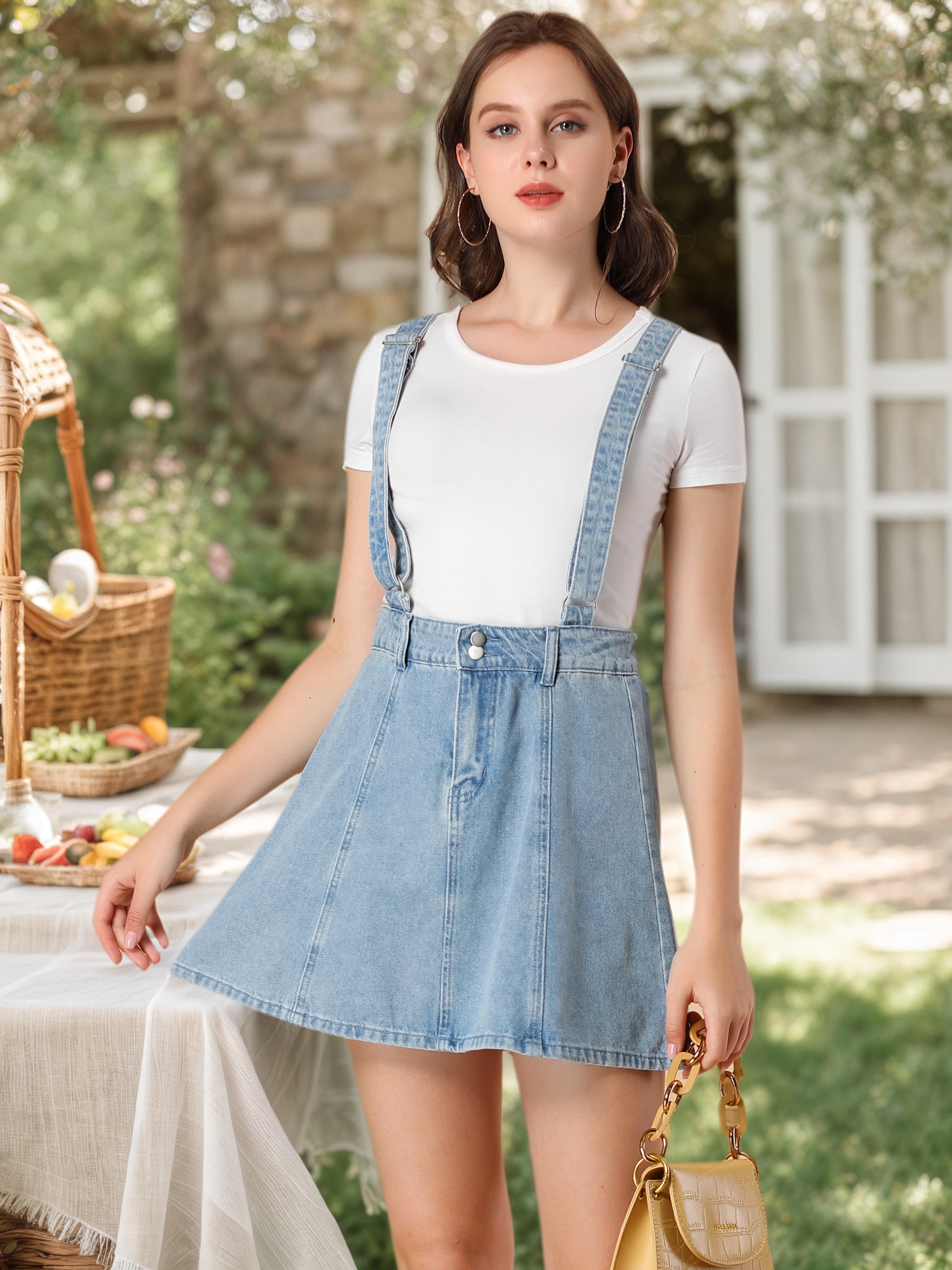 Adjustable Strap Braces Mini Suspender Washed Overall Denim Skirt Blue/XS