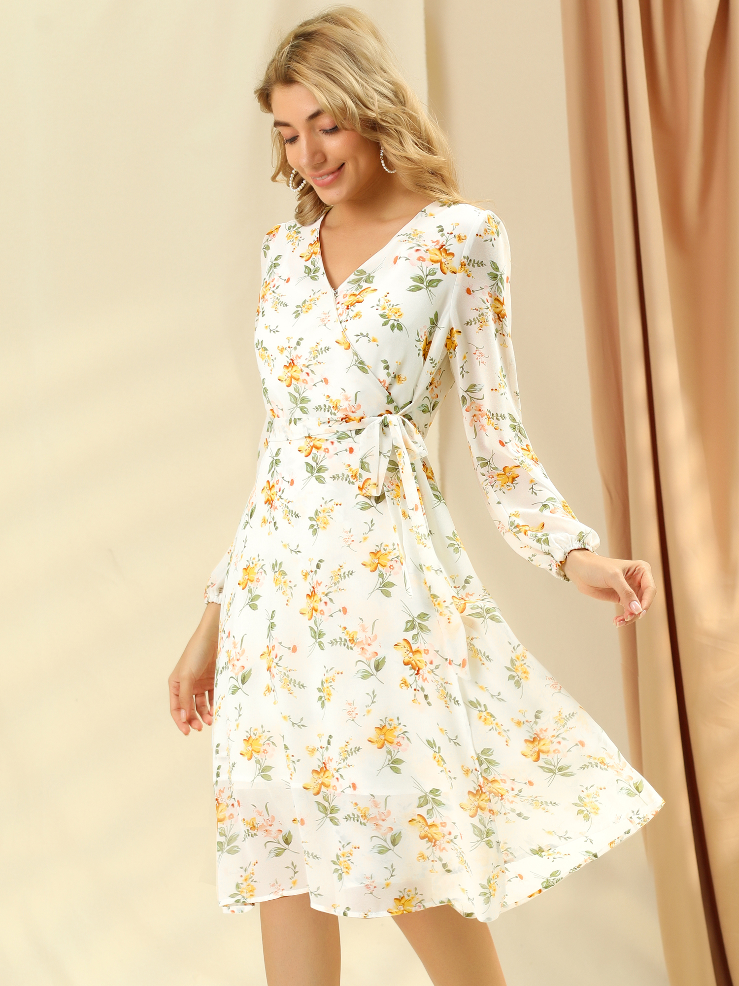 Chiffon Floral V Neck Tie Waist Bishop Sleeve Casual Wrap Midi Dress White/M