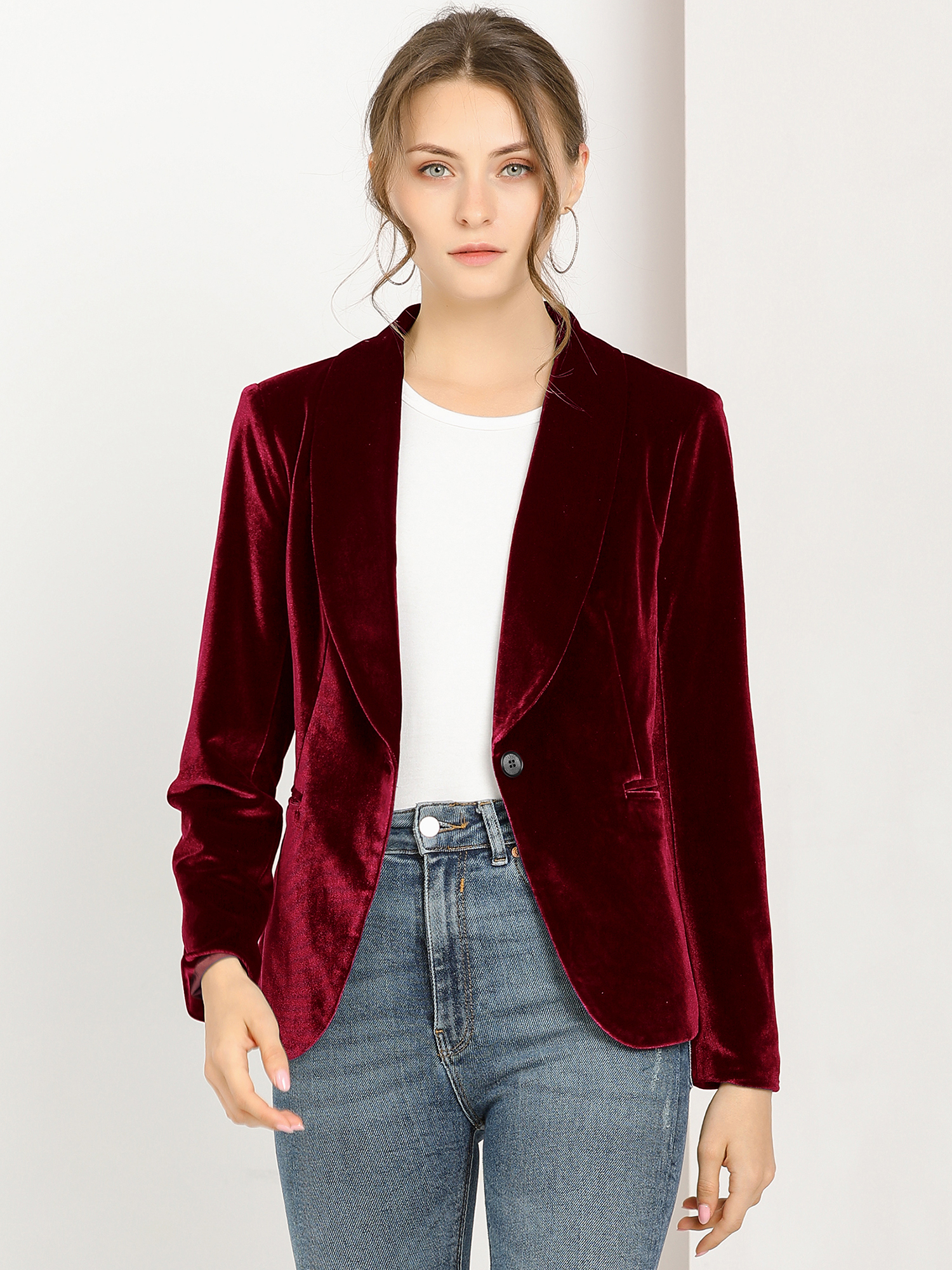 Shawl Collar Single Button Velvet Solid Office Work Jacket Blazer Wine Red/XS