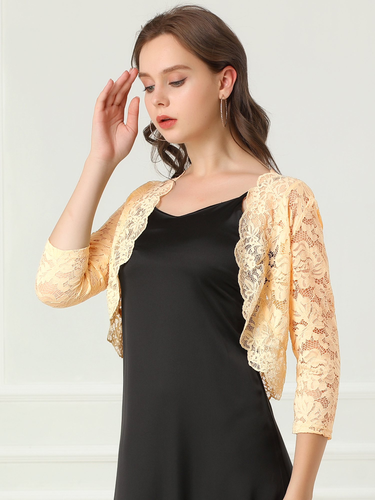 Lace 3/4 Sleeves Sheer Floral Cropped Bolero Shrug Beige/XS