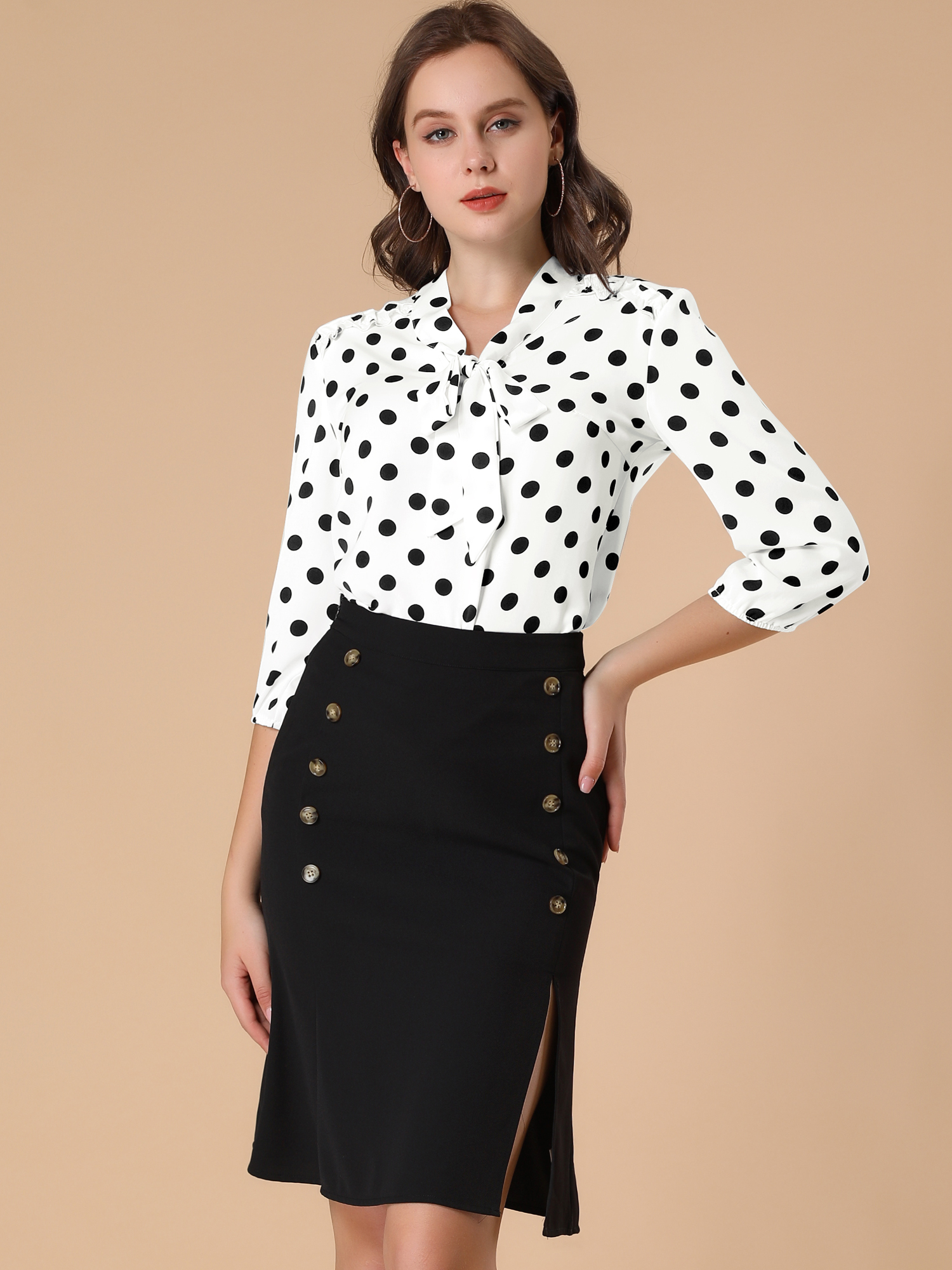 Printed Ruffle Shoulder Elastic Cuff Bow Tie Neck Blouse White/L