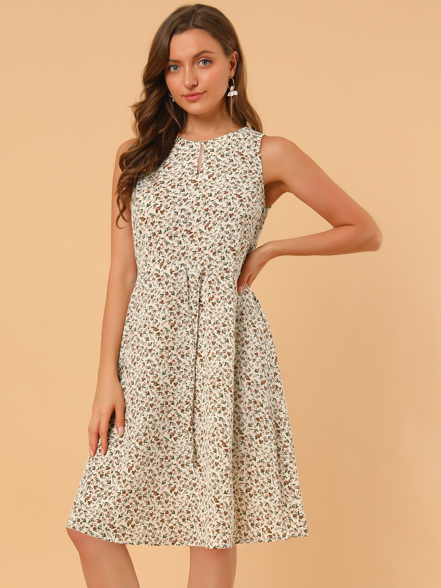 Floral Drawstring Waist Sleeveless A-Line Midi Dress Sundress Beige/L