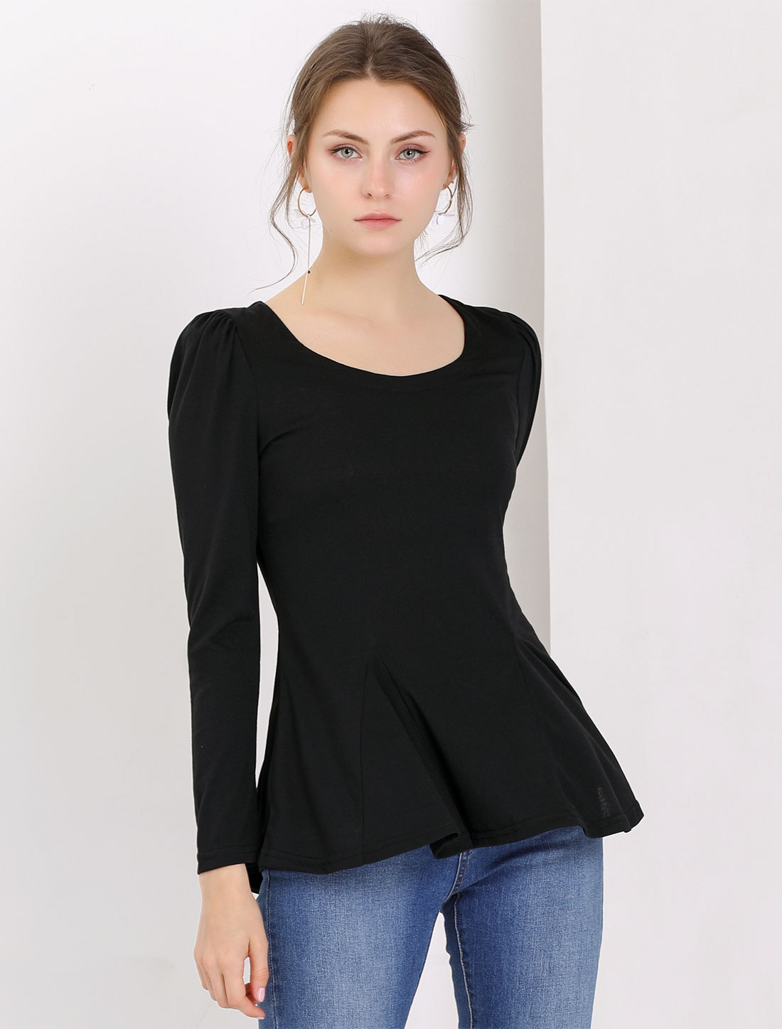 Long Sleeve Scoop Neck Casual Peplum Blouse Black/3XL
