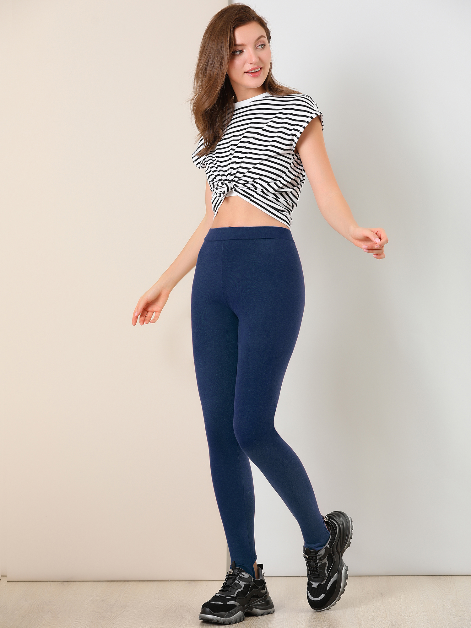 Elastic Waistband Gym Yoga Soft Cotton Stirrup Leggings Dark Blue/L