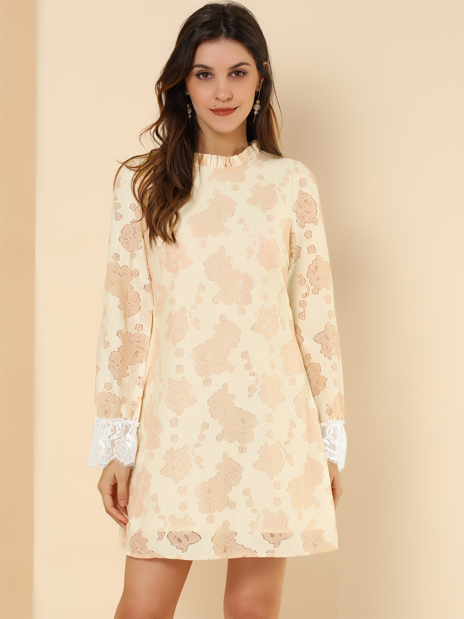 Lace Floral Ruffle Crew Neck Cocktail Mini Dress Beige/L