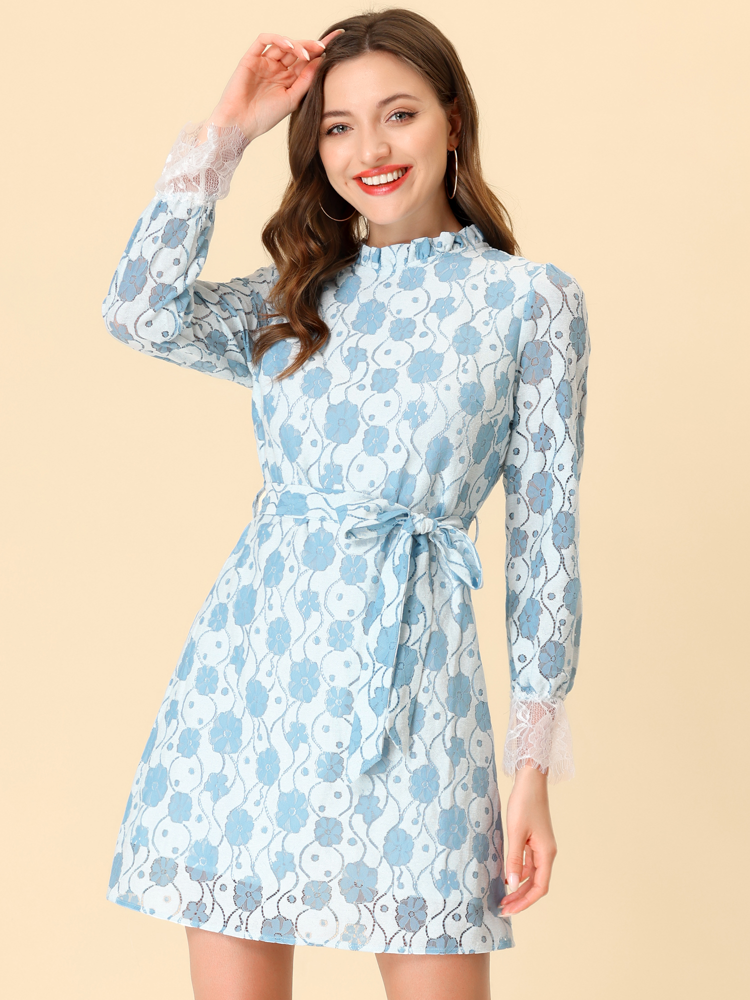 Lace Floral Ruffle Crew Neck Cocktail Mini Dress White Blue/S