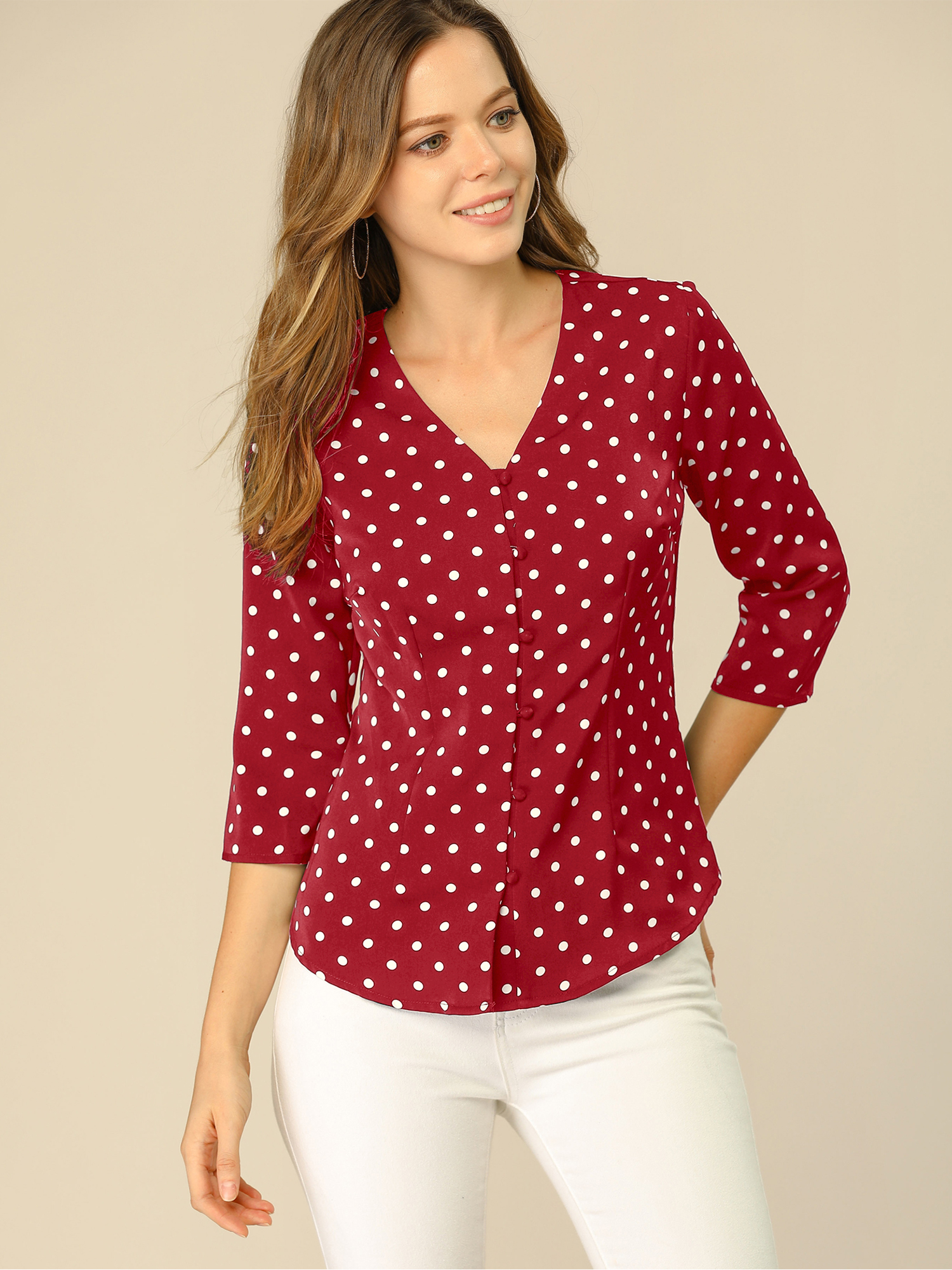 Polka Dots 3/4 Sleeve Button Front Vintage Office Blouse Top Red/M